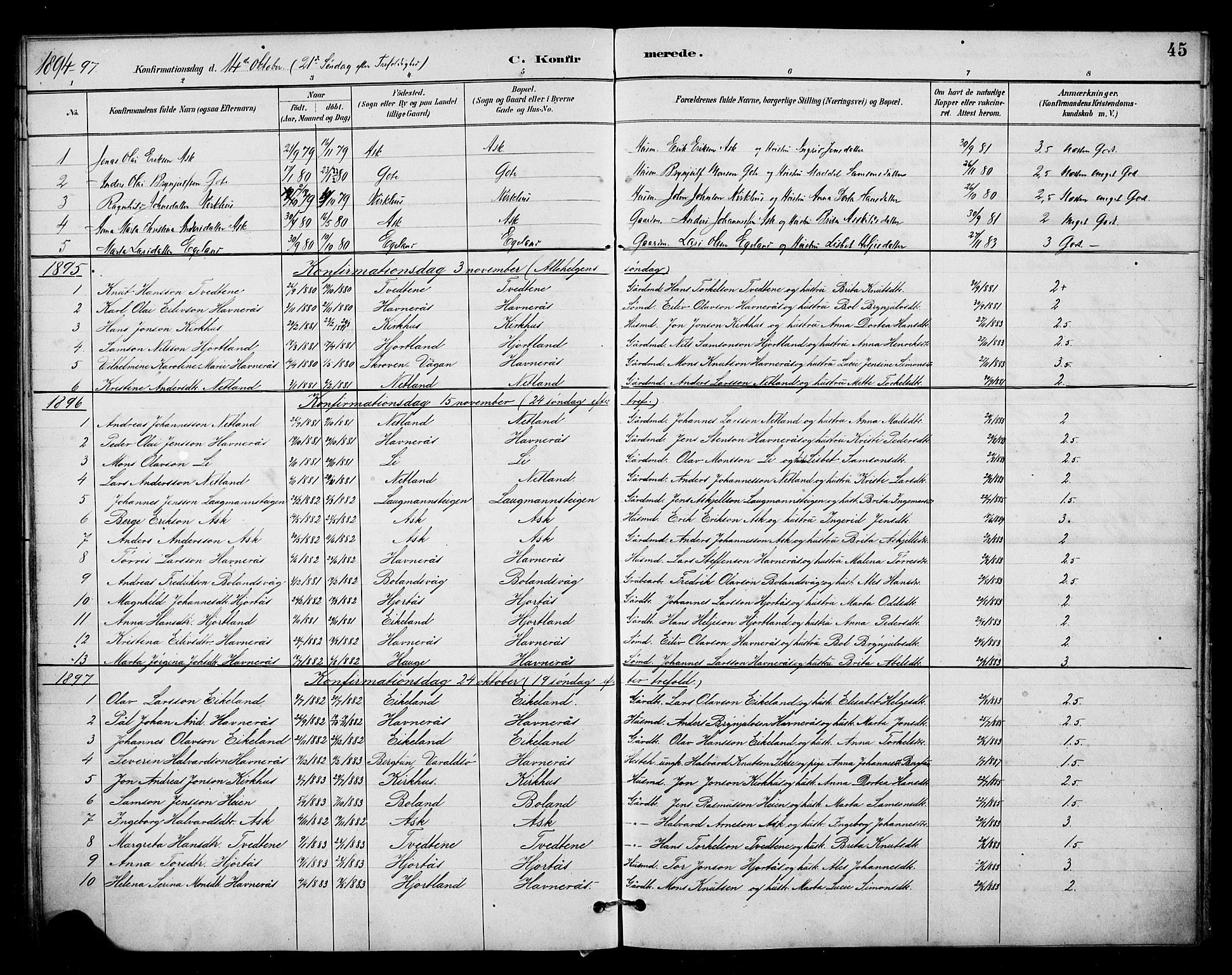 Kvinnherad sokneprestembete, SAB/A-76401/H/Hab: Parish register (copy) no. B 1, 1885-1925, p. 45