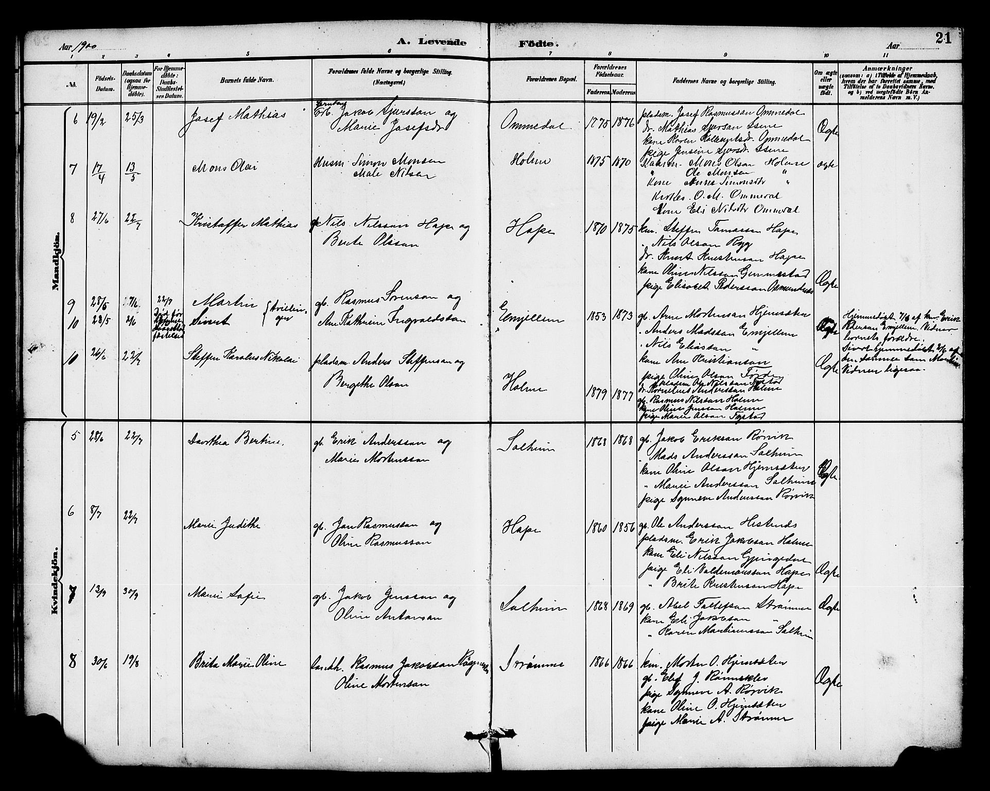 Gloppen sokneprestembete, SAB/A-80101/H/Hab/Habe/L0001: Parish register (copy) no. E 1, 1891-1917, p. 21