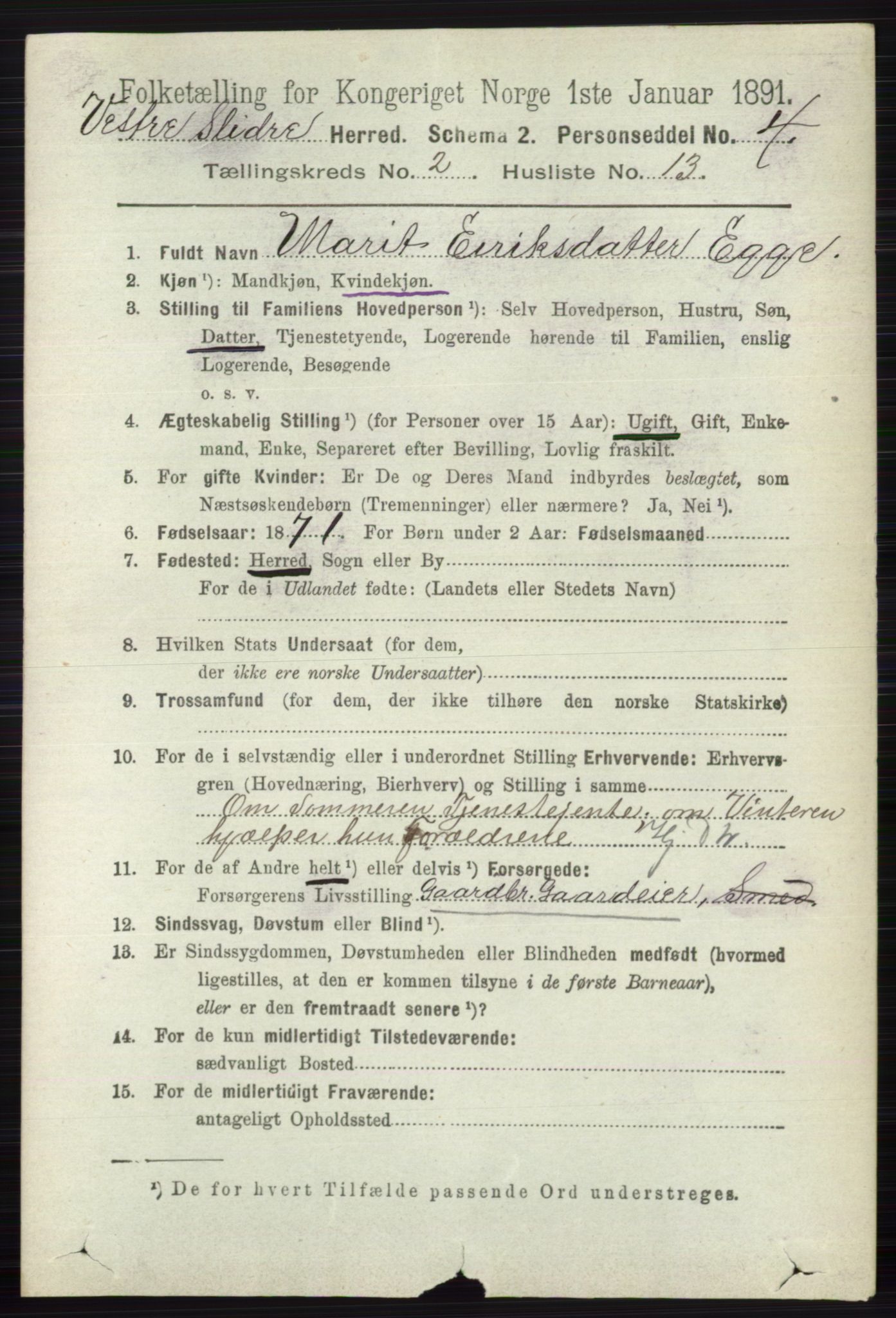 RA, 1891 census for 0543 Vestre Slidre, 1891, p. 602