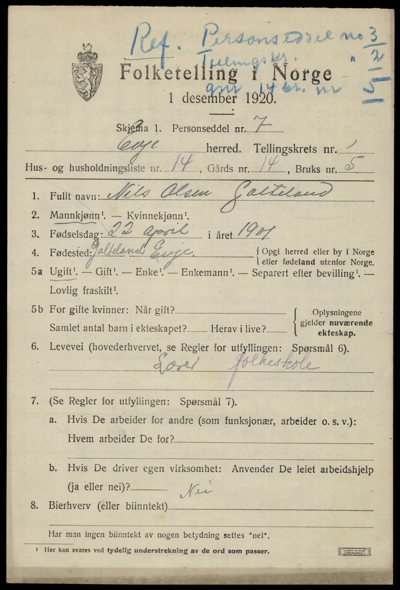 SAK, 1920 census for Evje, 1920, p. 636