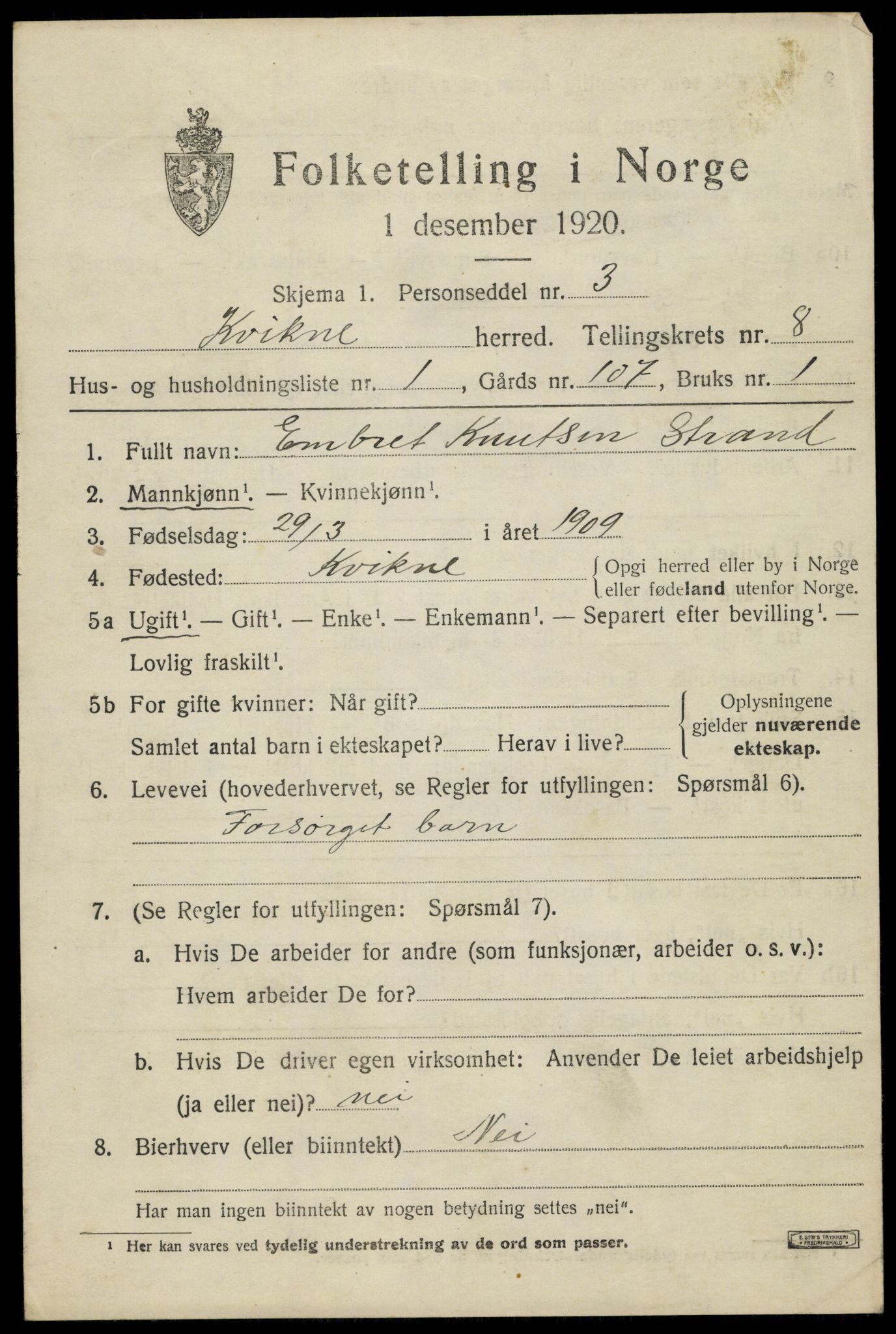 SAH, 1920 census for Kvikne, 1920, p. 3320