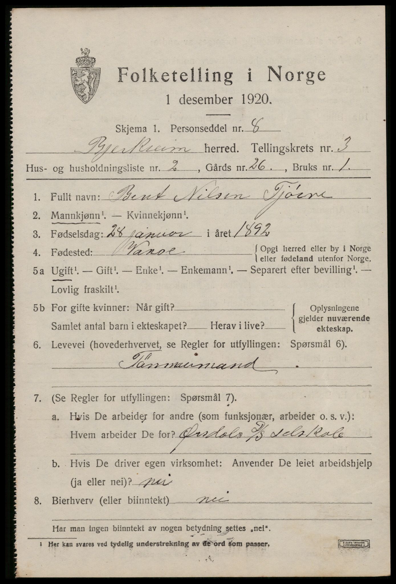 SAST, 1920 census for Bjerkreim, 1920, p. 1644