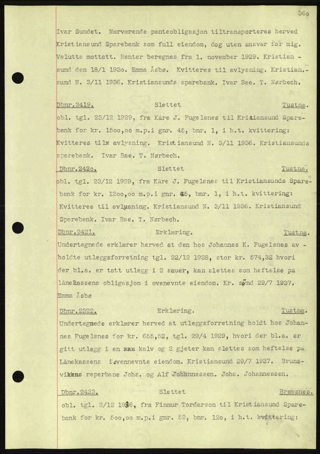 Nordmøre sorenskriveri, AV/SAT-A-4132/1/2/2Ca: Mortgage book no. C80, 1936-1939, Diary no: : 2419/1937