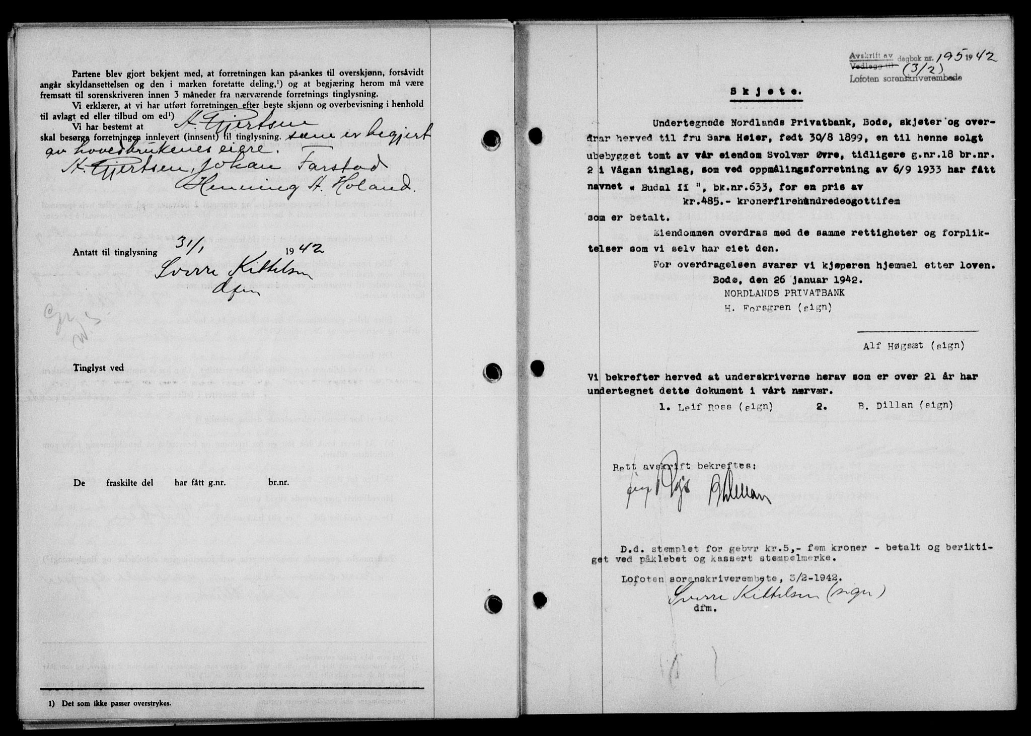 Lofoten sorenskriveri, SAT/A-0017/1/2/2C/L0009a: Mortgage book no. 9a, 1941-1942, Diary no: : 195/1942