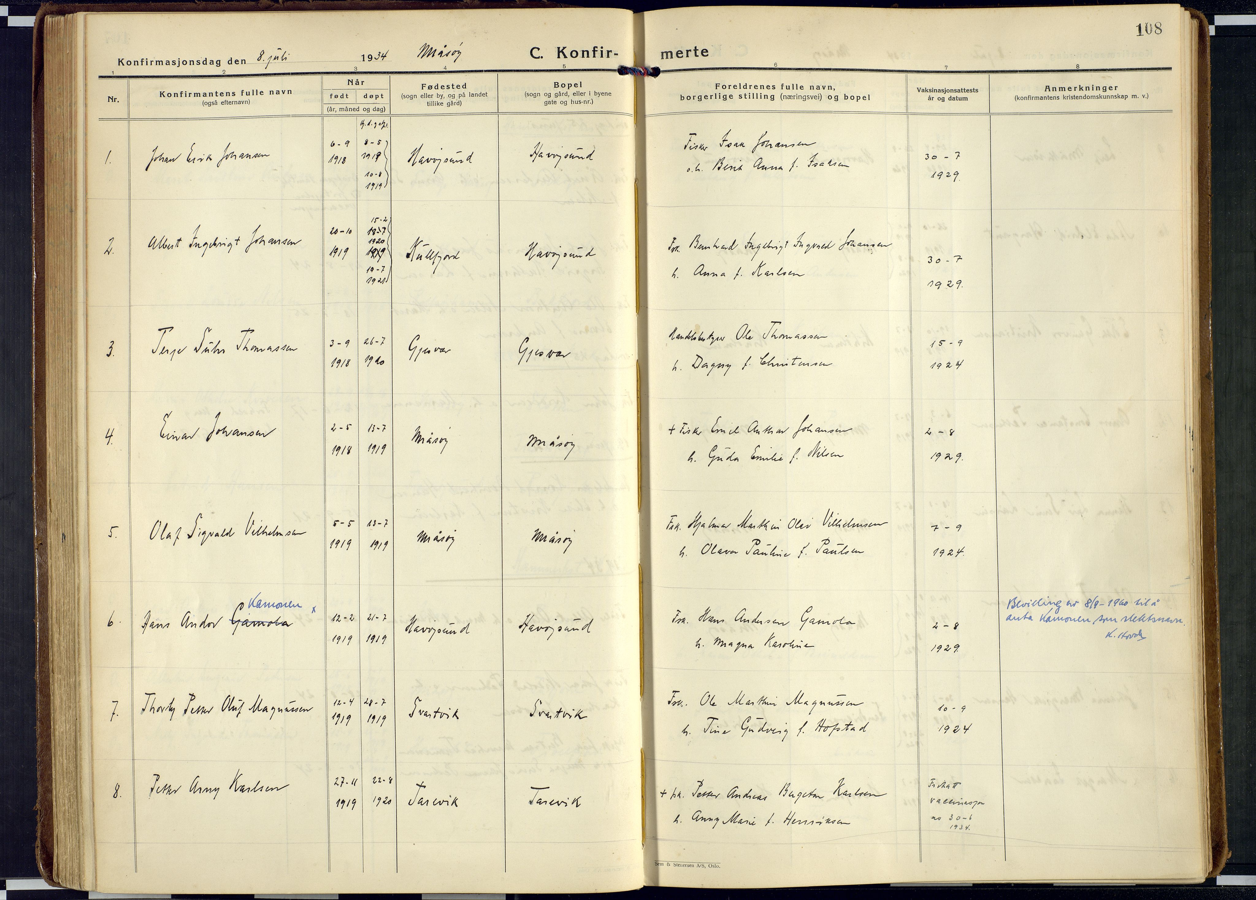 Måsøy sokneprestkontor, AV/SATØ-S-1348/H/Ha/L0011kirke: Parish register (official) no. 11, 1933-1947, p. 108