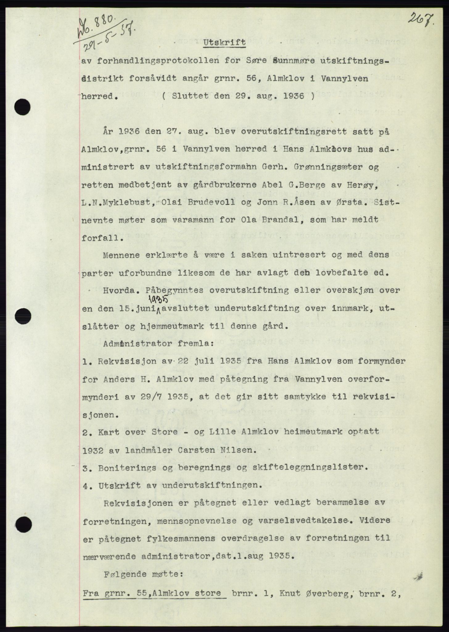 Søre Sunnmøre sorenskriveri, AV/SAT-A-4122/1/2/2C/L0063: Mortgage book no. 57, 1937-1937, Diary no: : 880/1937