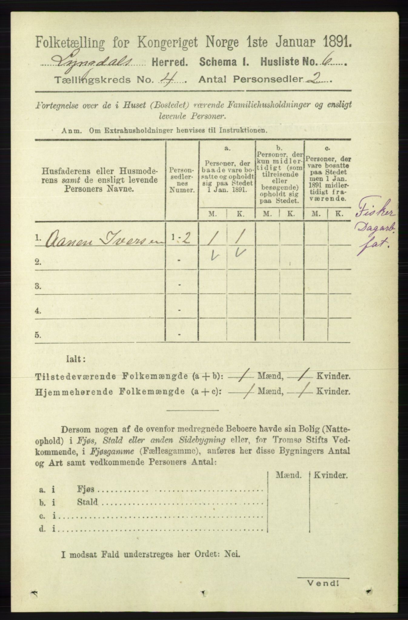 RA, 1891 census for 1032 Lyngdal, 1891, p. 1359