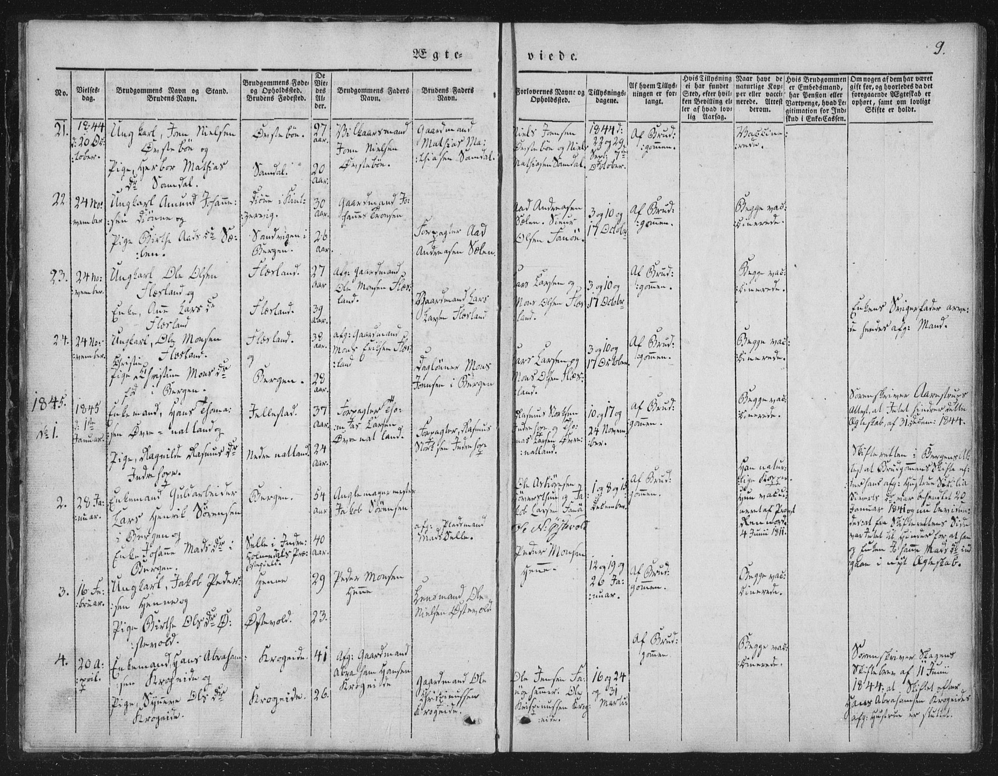 Fana Sokneprestembete, SAB/A-75101/H/Haa/Haaa/L0010: Parish register (official) no. A 10, 1841-1851, p. 9