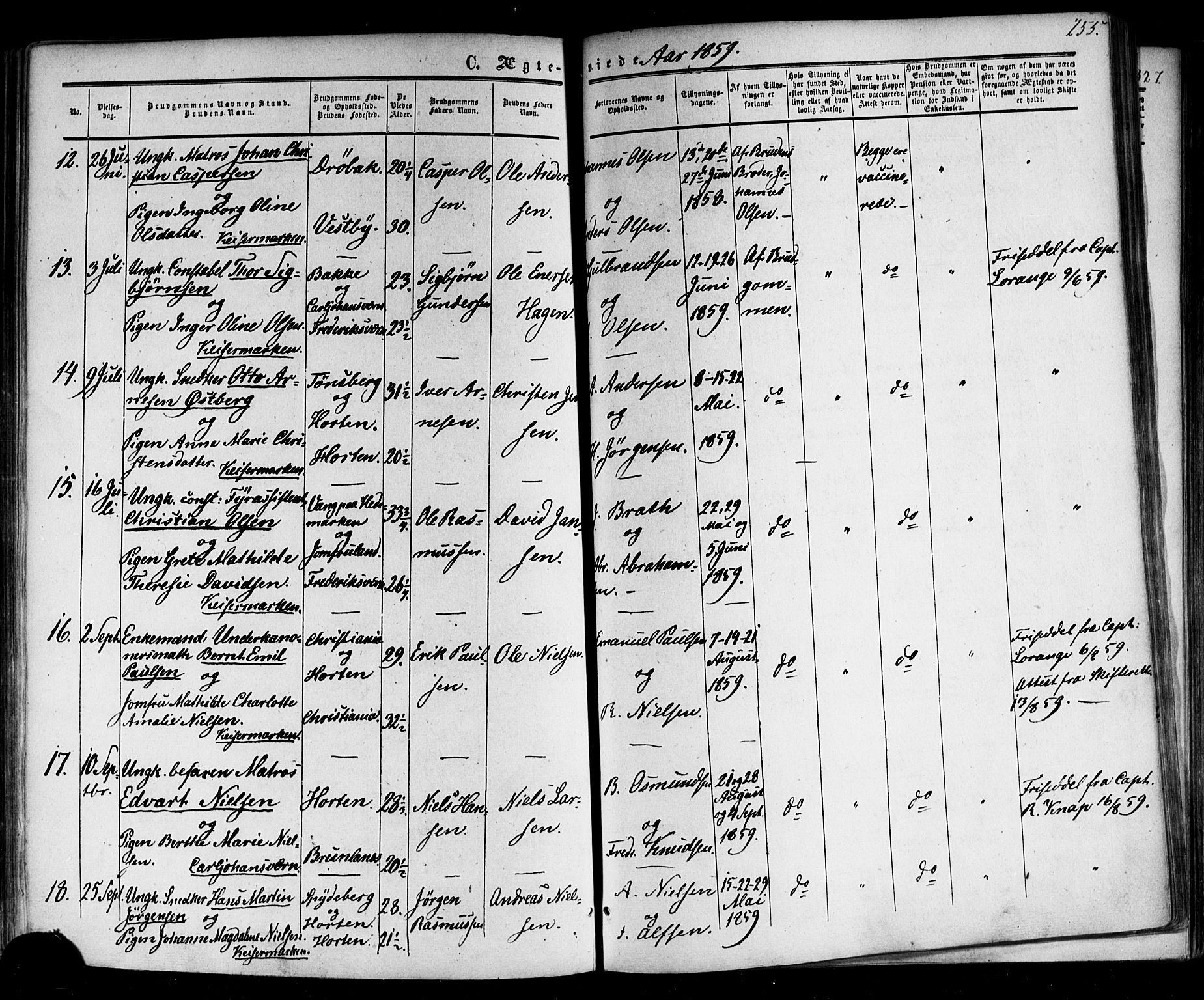 Horten kirkebøker, AV/SAKO-A-348/F/Fa/L0001: Parish register (official) no. 1, 1855-1871, p. 255