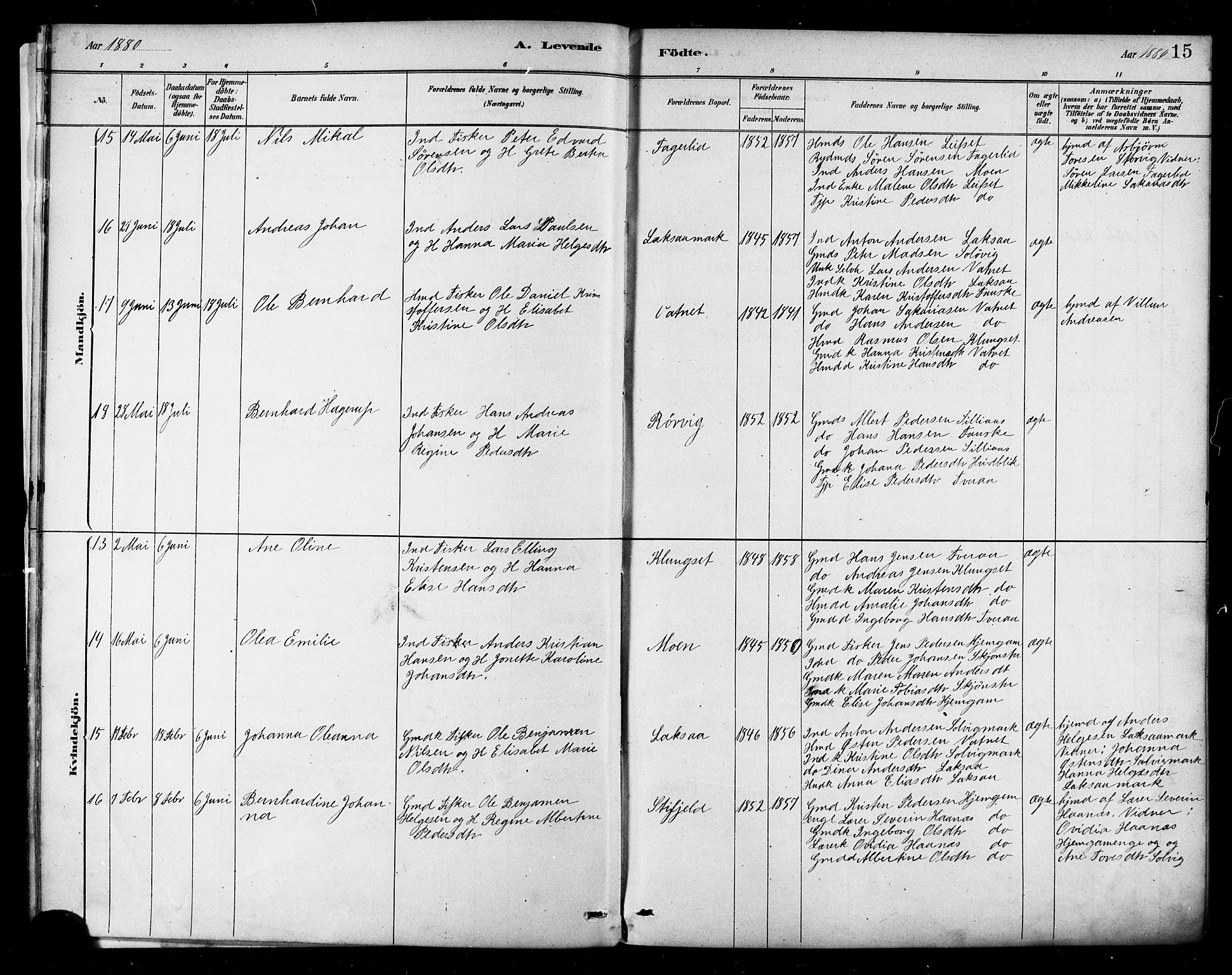 Ministerialprotokoller, klokkerbøker og fødselsregistre - Nordland, AV/SAT-A-1459/849/L0689: Parish register (official) no. 849A01, 1879-1889, p. 15