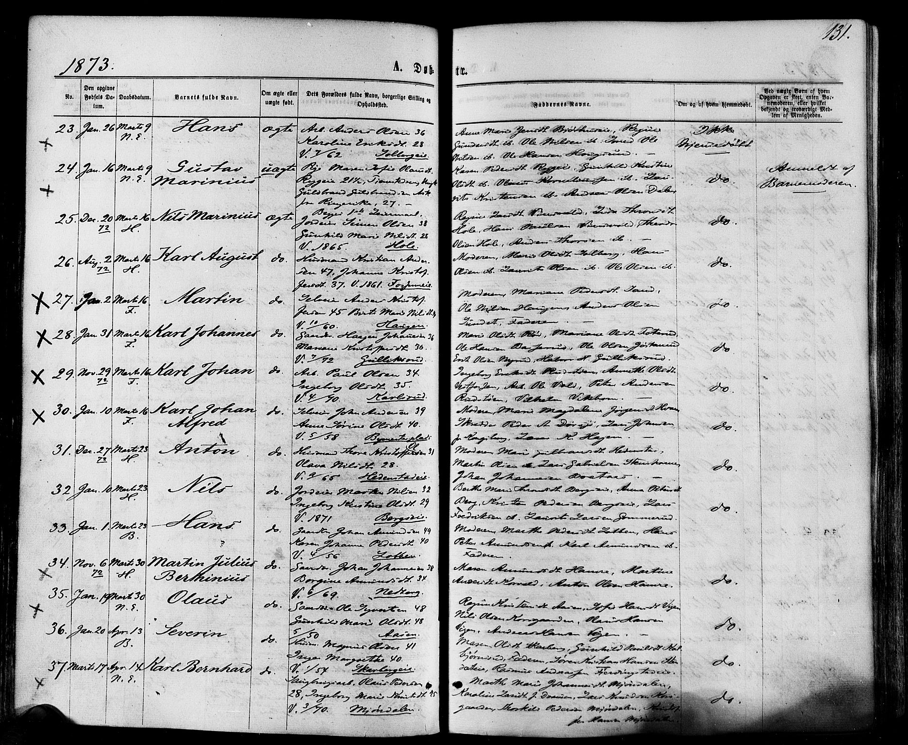 Eiker kirkebøker, SAKO/A-4/F/Fa/L0017: Parish register (official) no. I 17, 1869-1877, p. 131