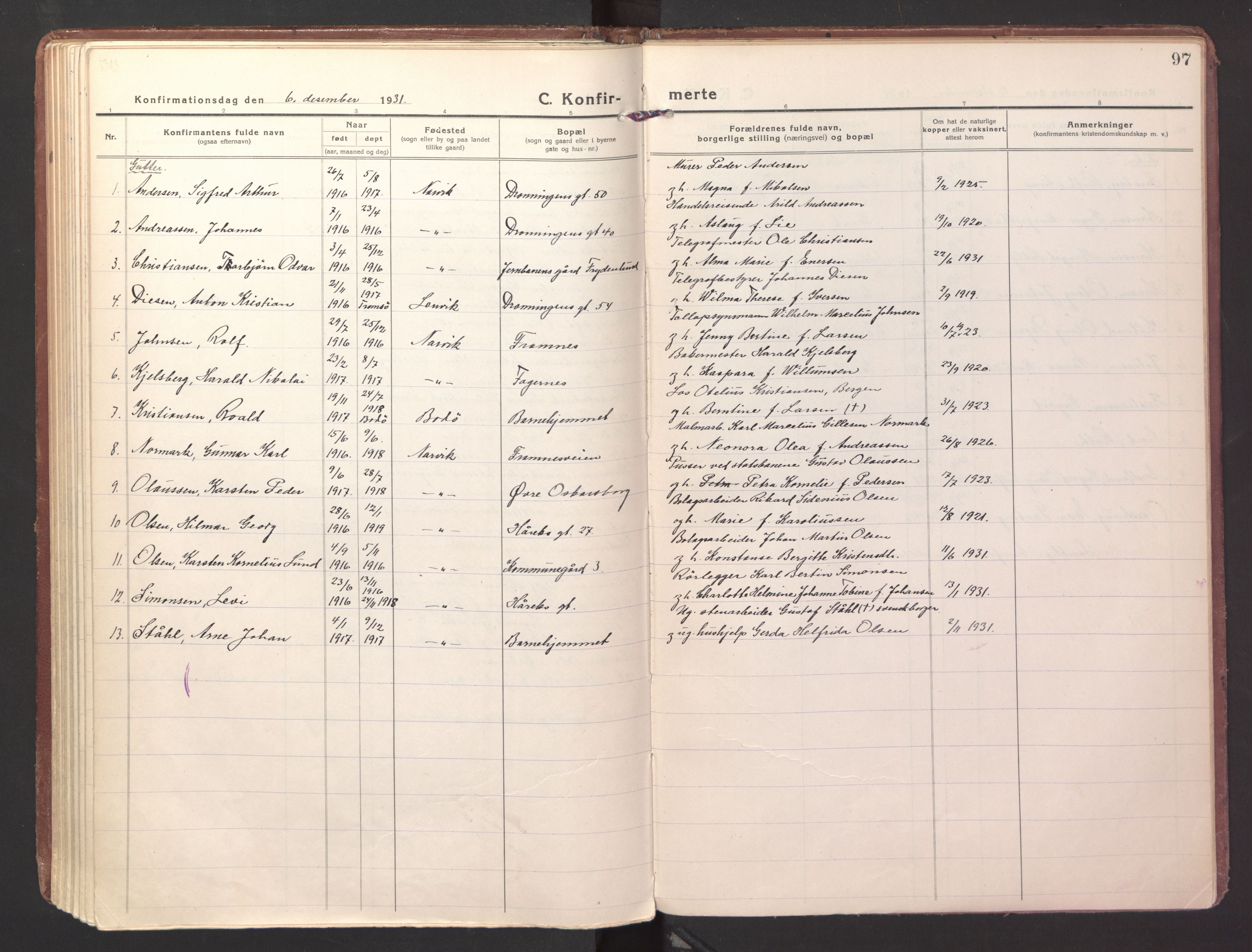 Ministerialprotokoller, klokkerbøker og fødselsregistre - Nordland, AV/SAT-A-1459/871/L1004: Parish register (official) no. 871A20, 1921-1932, p. 97