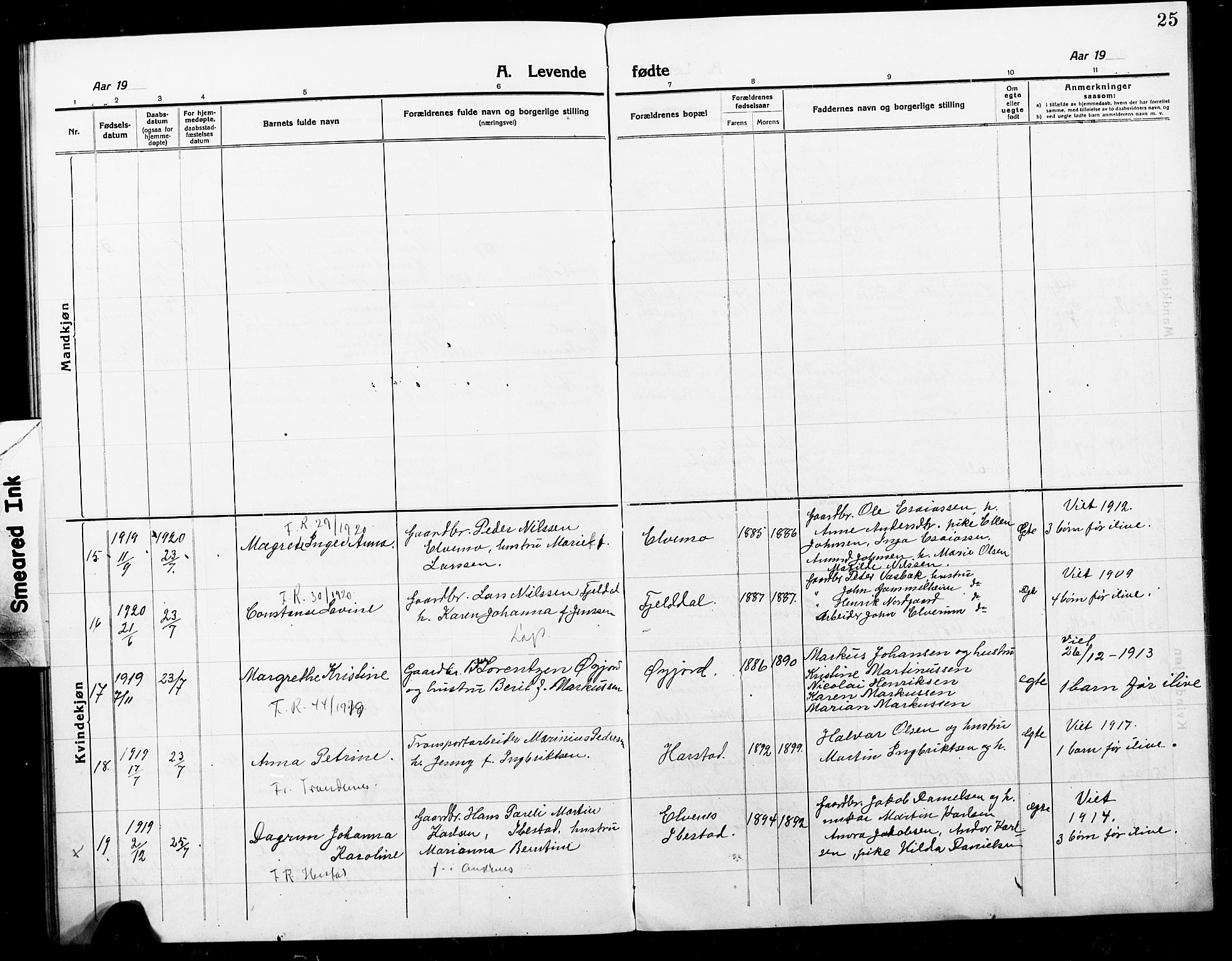 Ministerialprotokoller, klokkerbøker og fødselsregistre - Nordland, AV/SAT-A-1459/868/L0969: Parish register (copy) no. 868C01, 1914-1925, p. 25