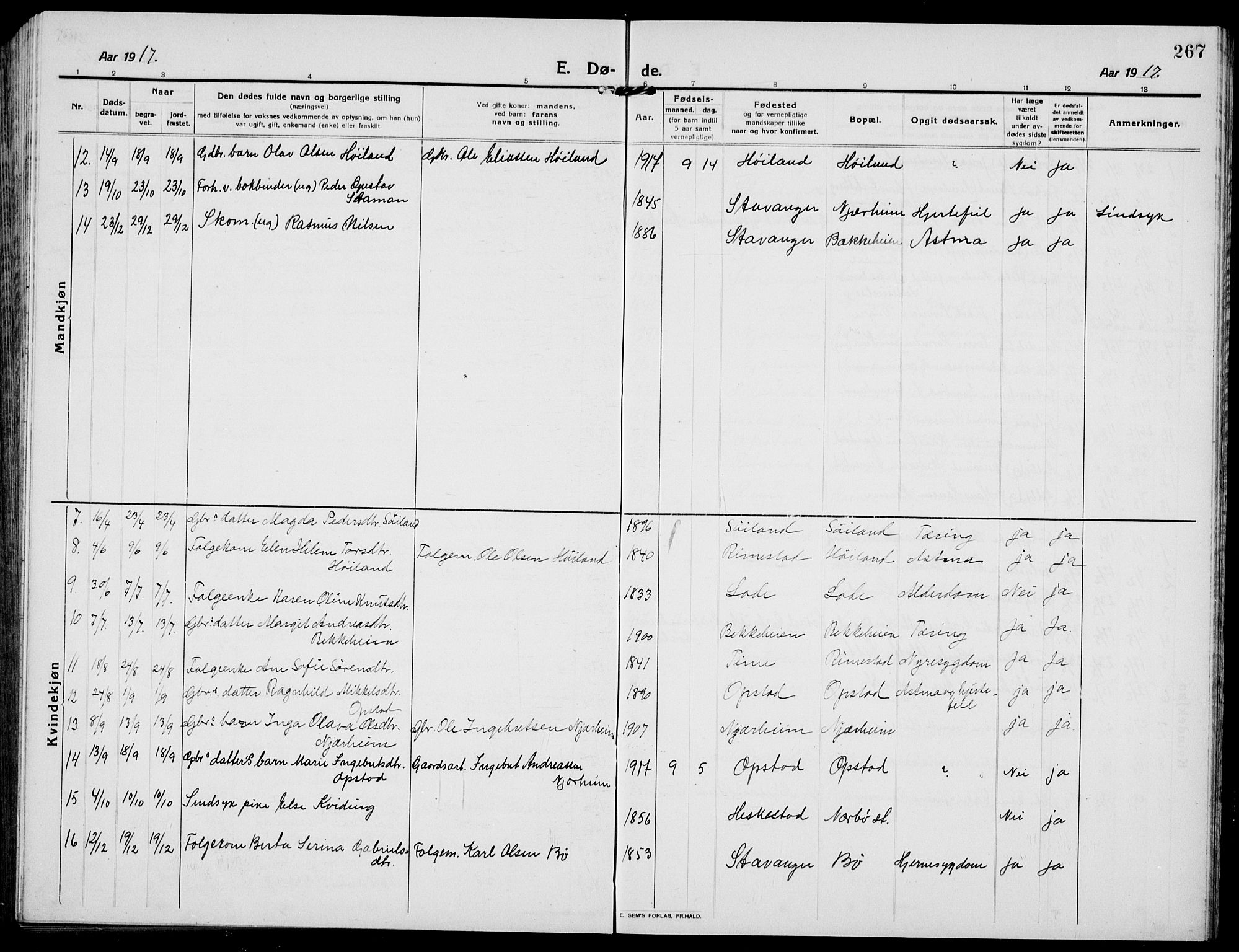 Hå sokneprestkontor, SAST/A-101801/001/30BB/L0007: Parish register (copy) no. B 7, 1912-1939, p. 267