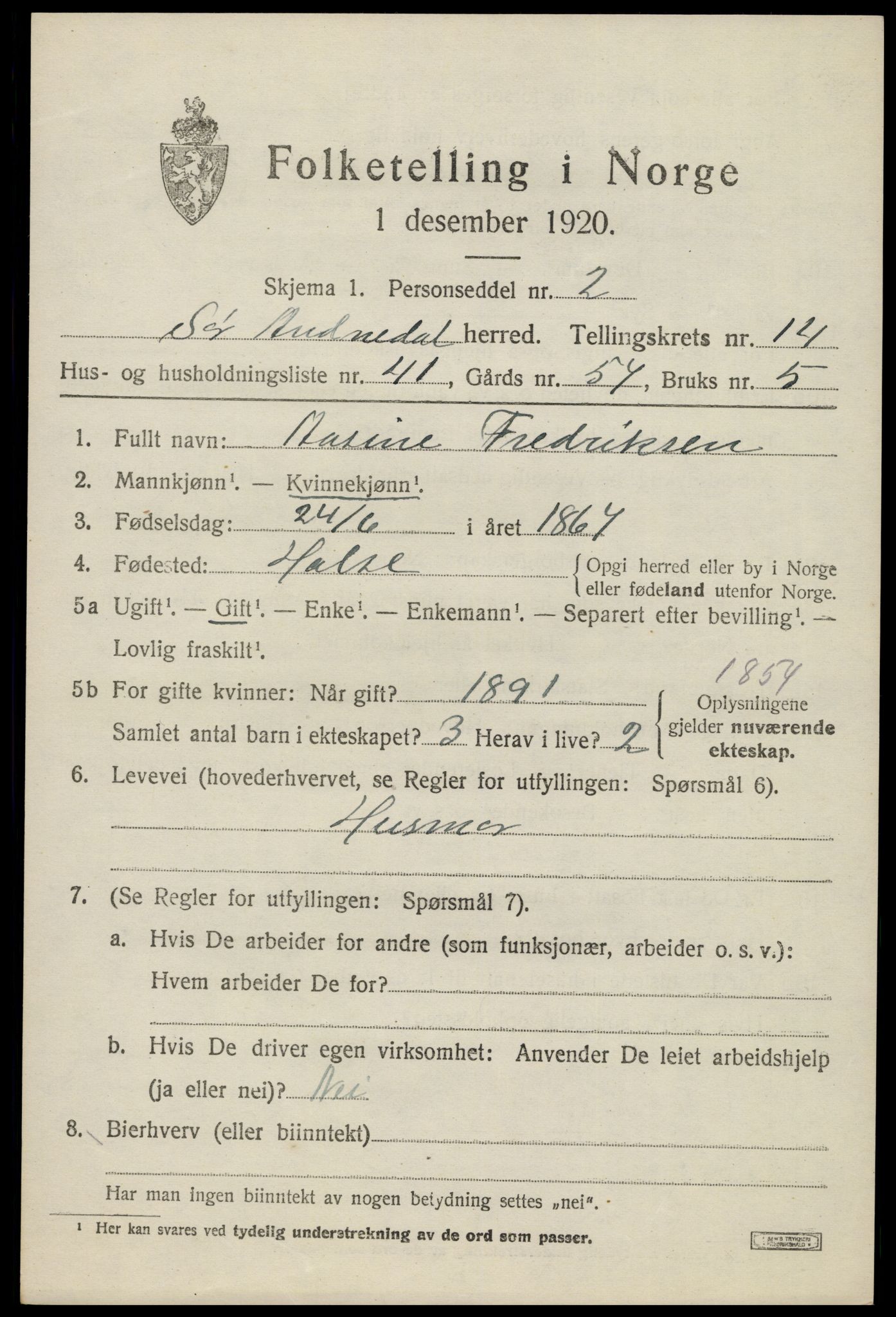 SAK, 1920 census for Sør-Audnedal, 1920, p. 5569