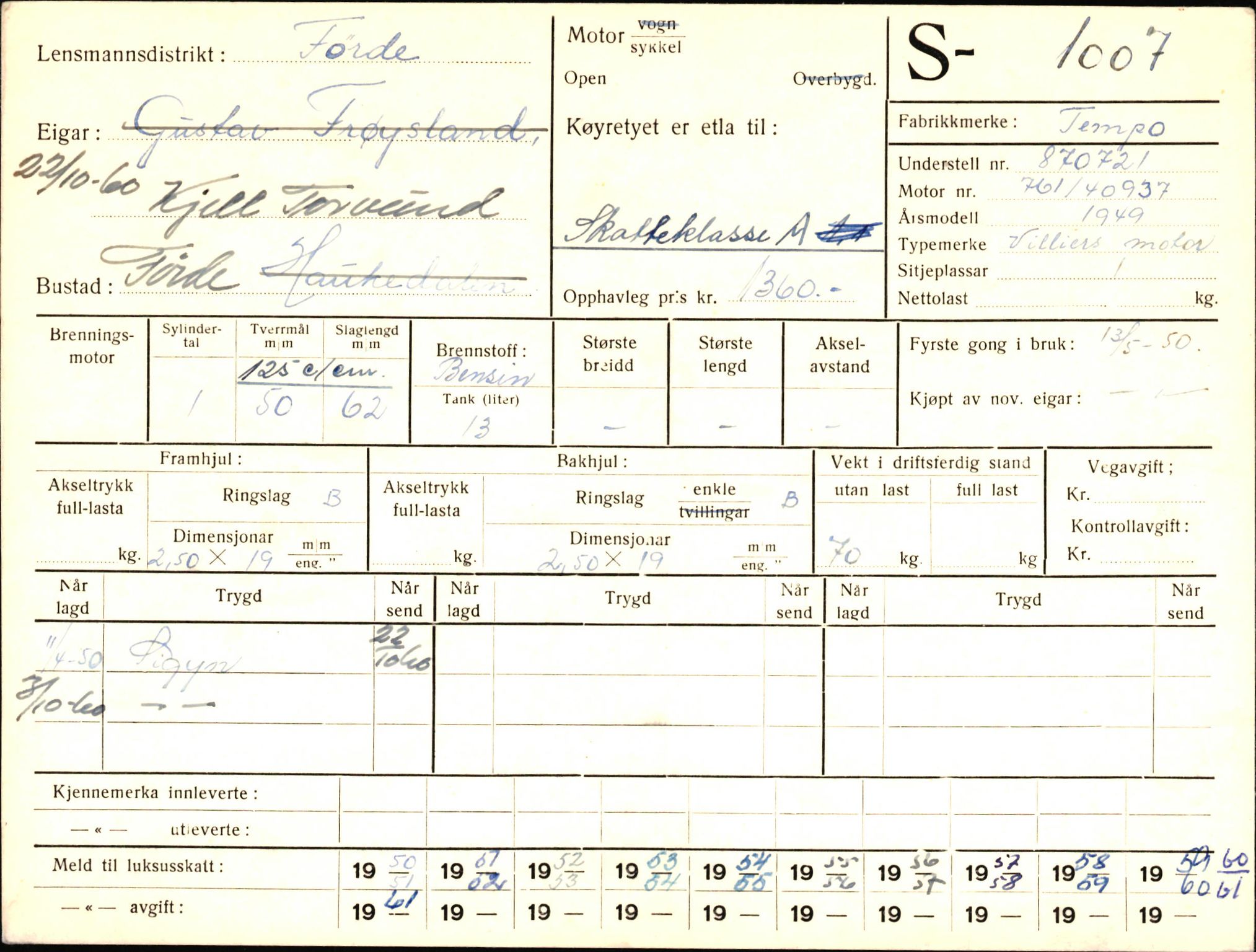 Statens vegvesen, Sogn og Fjordane vegkontor, AV/SAB-A-5301/4/F/L0003: Registerkort utmeldte Fjordane S1000-2499, 1930-1961, p. 11