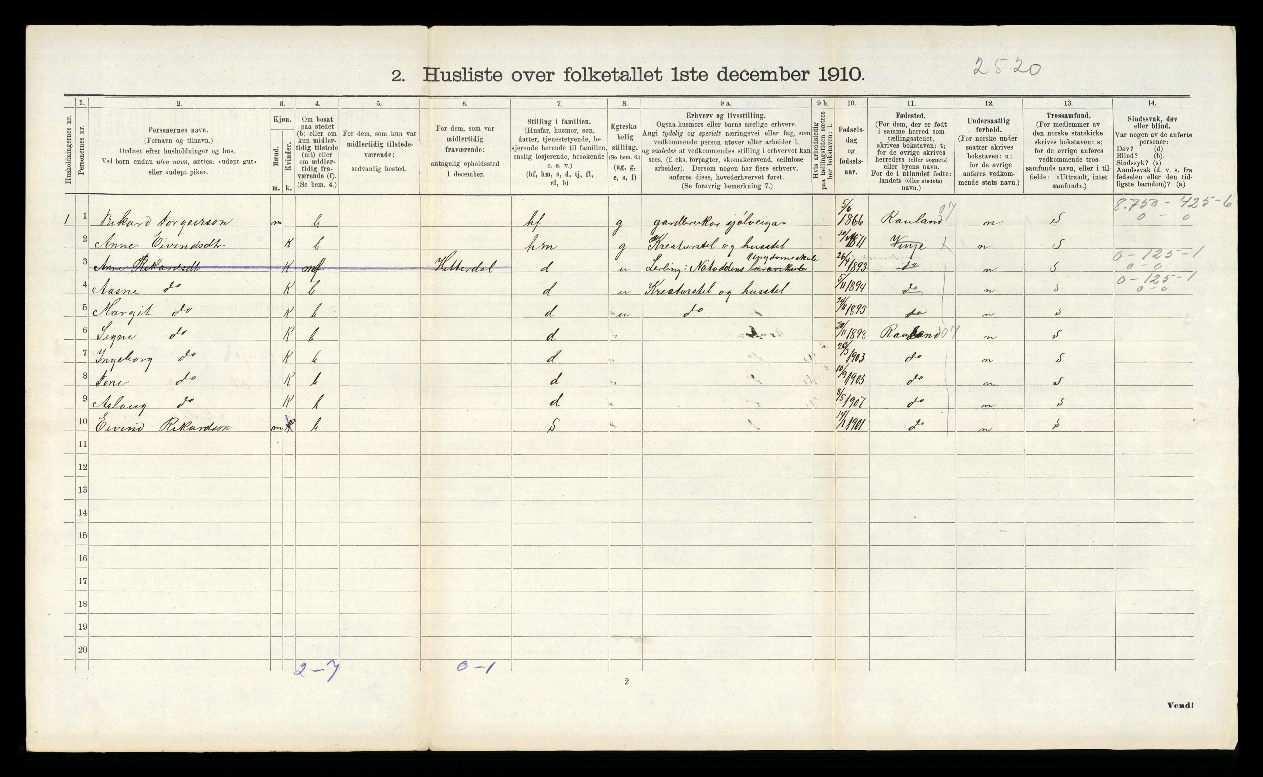 RA, 1910 census for Vinje, 1910, p. 207