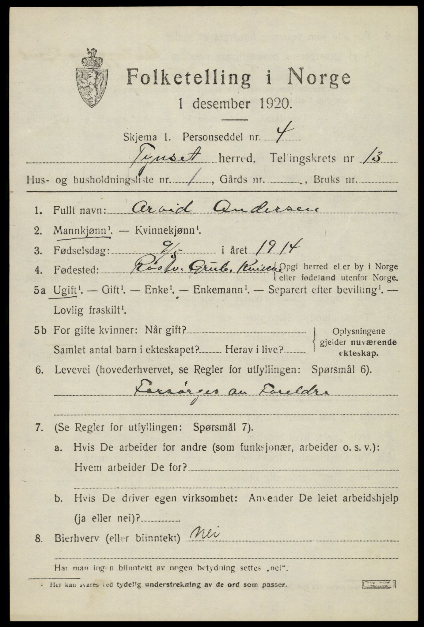 SAH, 1920 census for Tynset, 1920, p. 8504