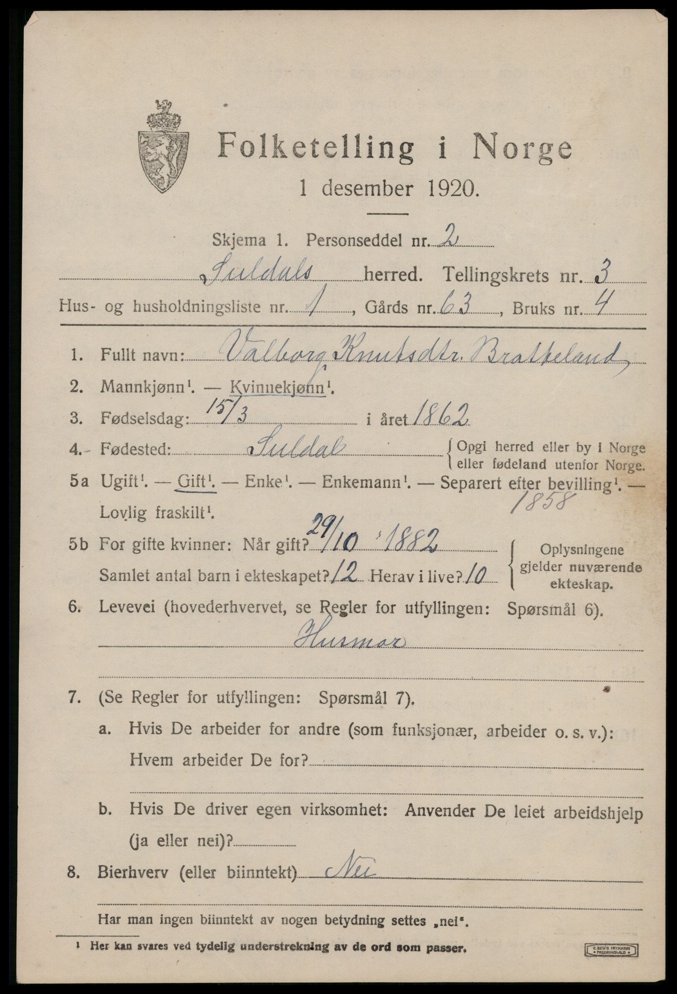 SAST, 1920 census for Suldal, 1920, p. 910