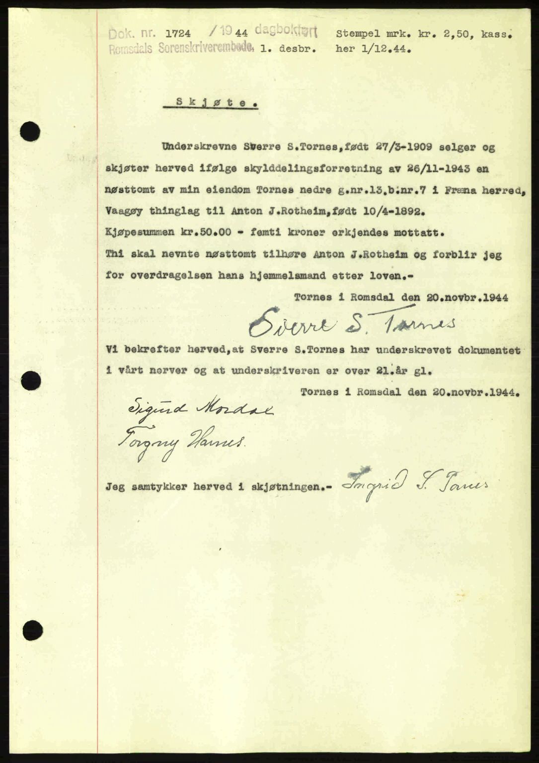 Romsdal sorenskriveri, AV/SAT-A-4149/1/2/2C: Mortgage book no. A17, 1944-1945, Diary no: : 1724/1944