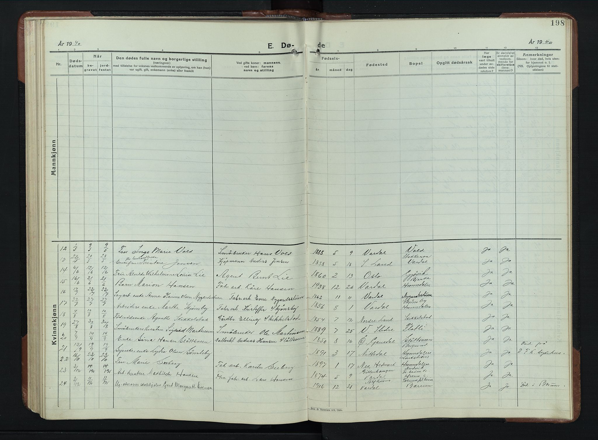 Vardal prestekontor, SAH/PREST-100/H/Ha/Hab/L0023: Parish register (copy) no. 23, 1929-1941, p. 198