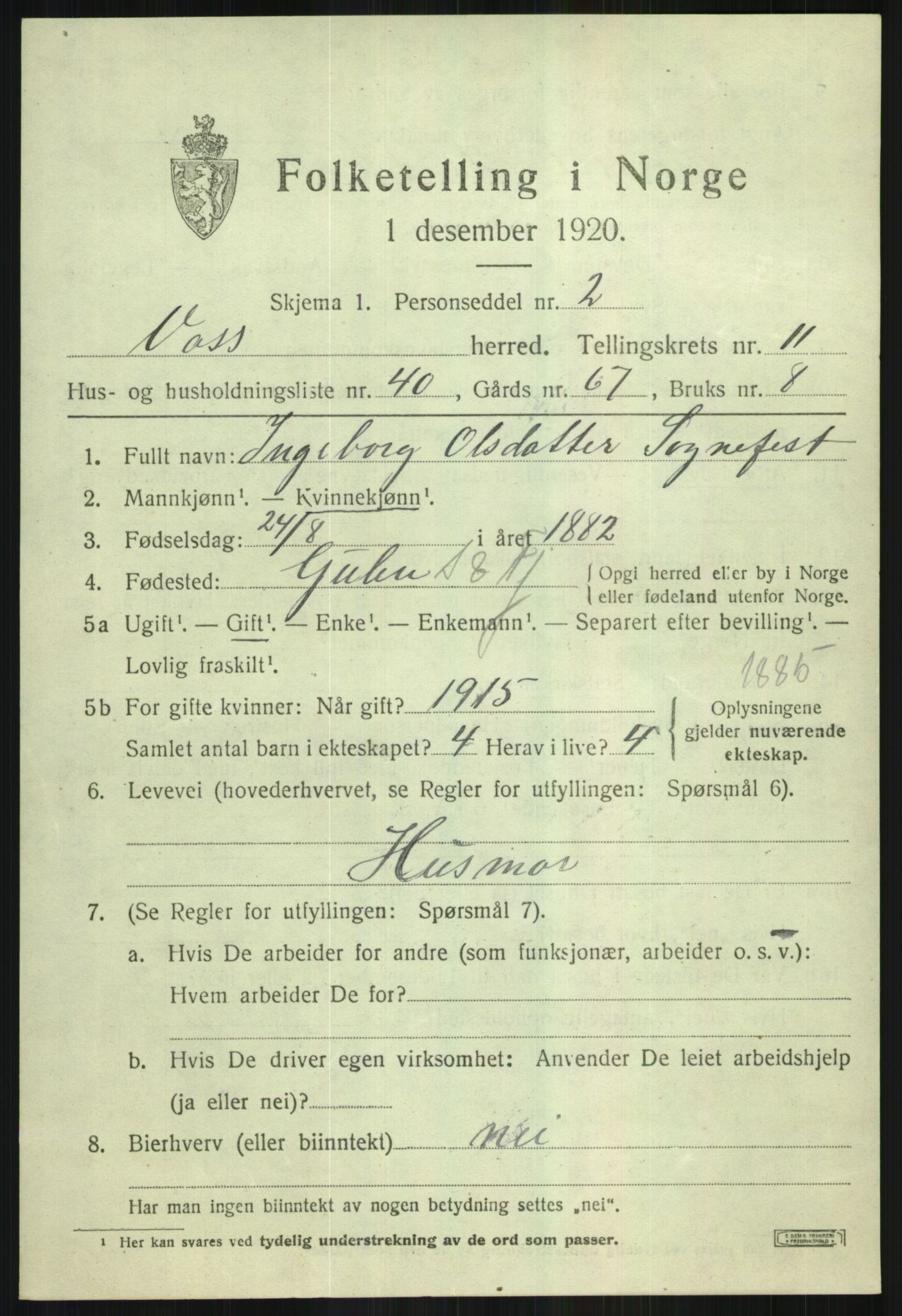 SAB, 1920 census for Voss, 1920, p. 10533