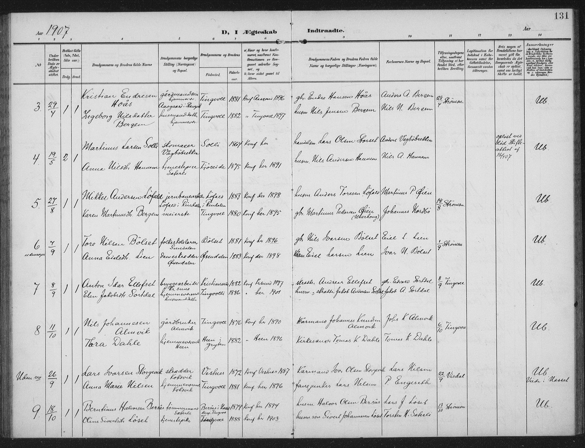 Ministerialprotokoller, klokkerbøker og fødselsregistre - Møre og Romsdal, SAT/A-1454/586/L0989: Parish register (official) no. 586A15, 1906-1915, p. 131