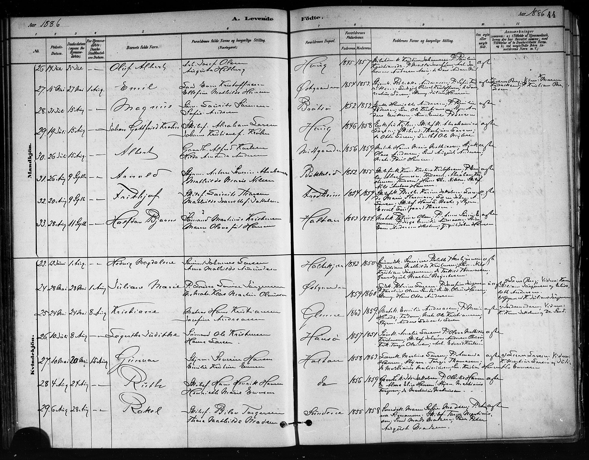 Tjøme kirkebøker, SAKO/A-328/F/Fa/L0001: Parish register (official) no. 1, 1879-1890, p. 44