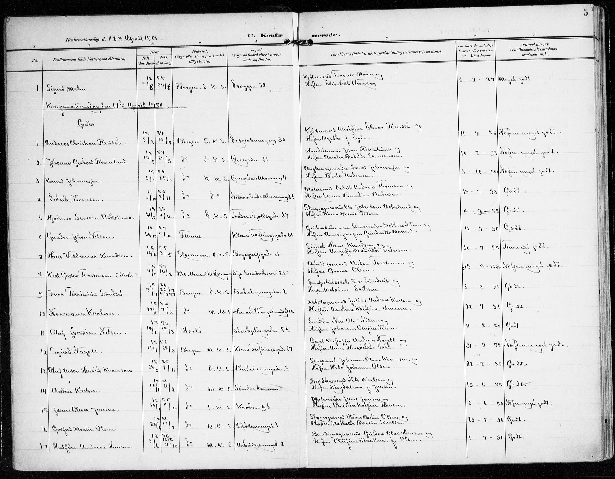 Mariakirken Sokneprestembete, SAB/A-76901/H/Haa/L0014: Parish register (official) no. C 2, 1900-1916, p. 5