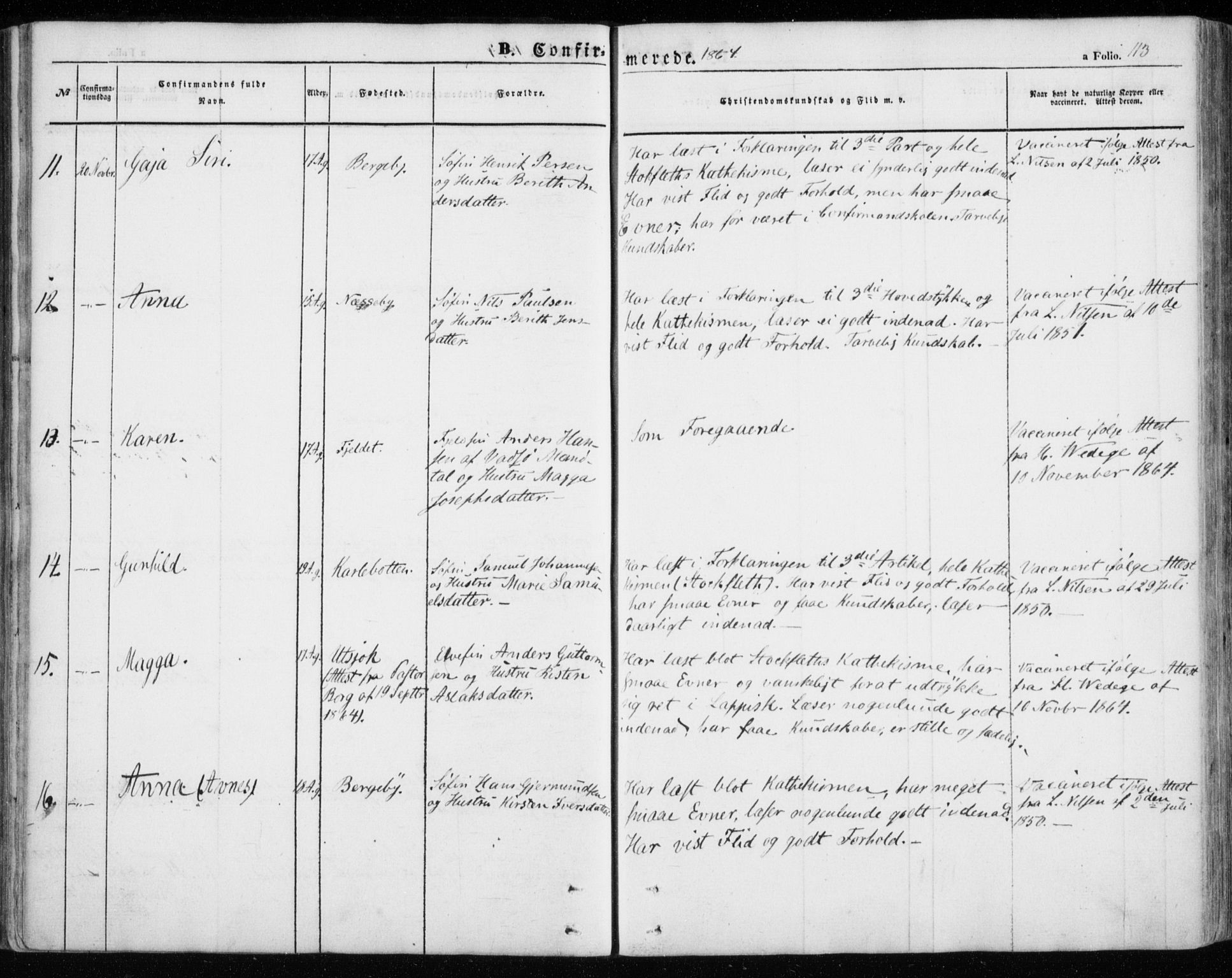 Nesseby sokneprestkontor, AV/SATØ-S-1330/H/Ha/L0002kirke: Parish register (official) no. 2, 1856-1864, p. 113