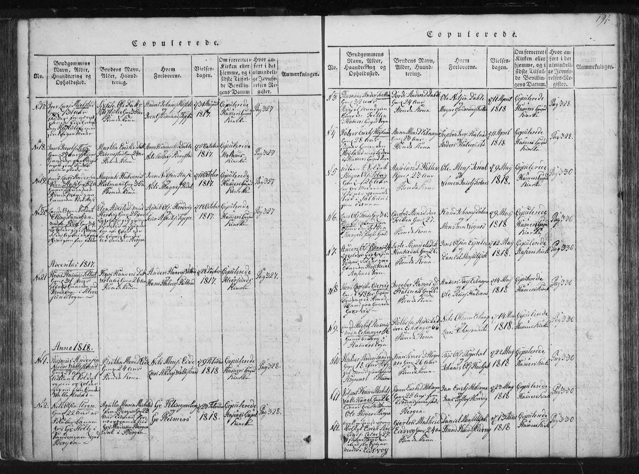 Hamre sokneprestembete, AV/SAB-A-75501/H/Ha/Haa/Haaa/L0010: Parish register (official) no. A 10, 1816-1826, p. 191