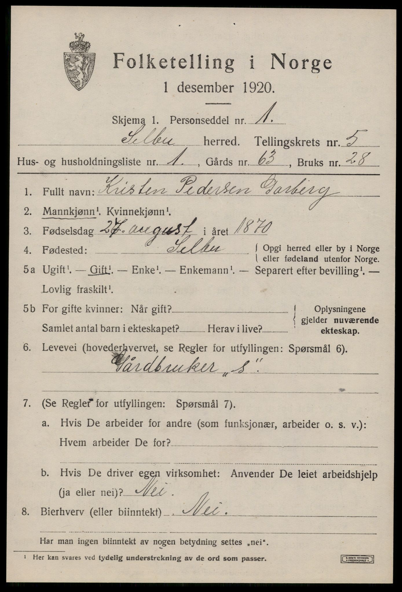 SAT, 1920 census for Selbu, 1920, p. 3200