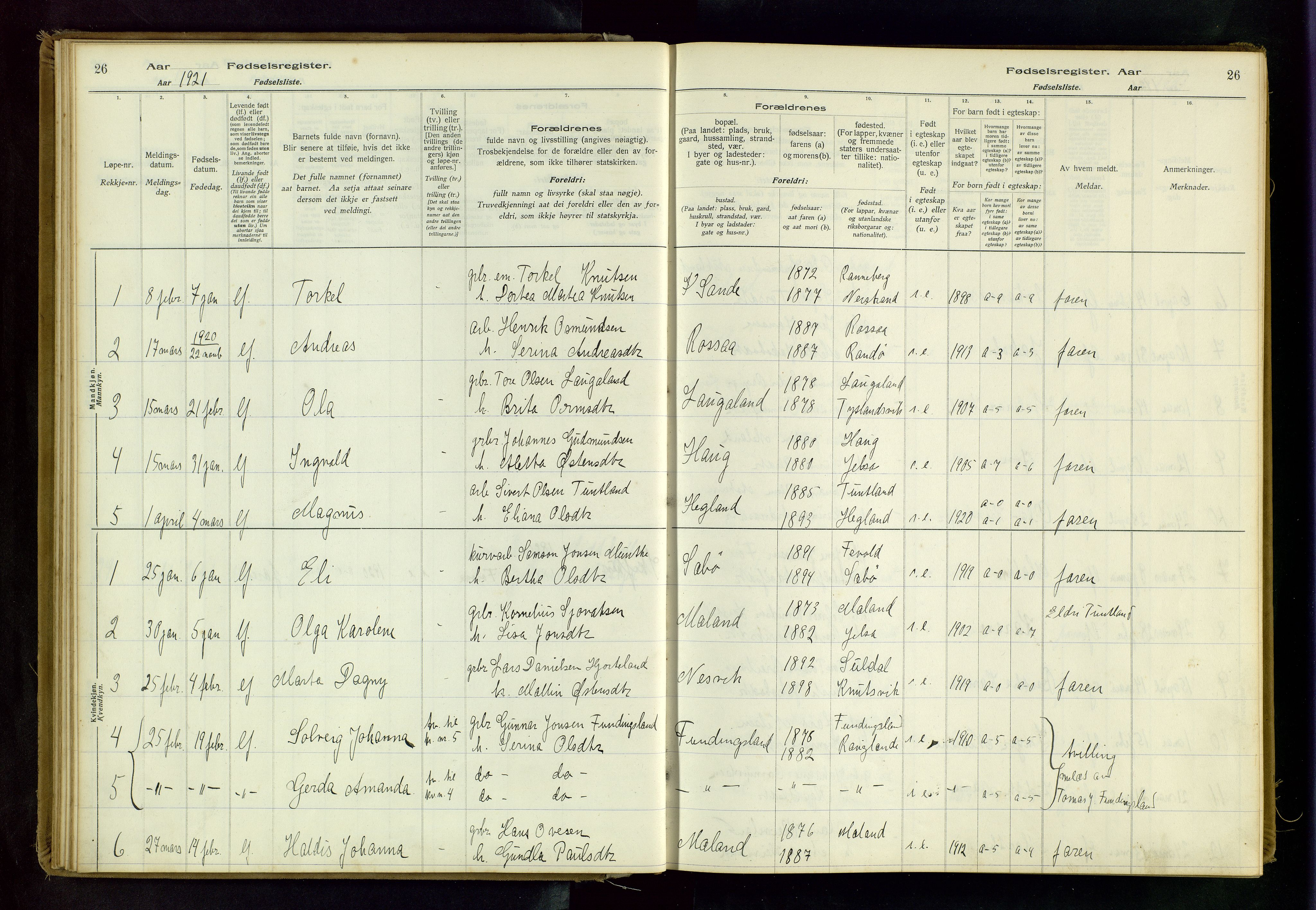 Hjelmeland sokneprestkontor, AV/SAST-A-101843/02/B/L0001: Birth register no. 1, 1916-1963, p. 26