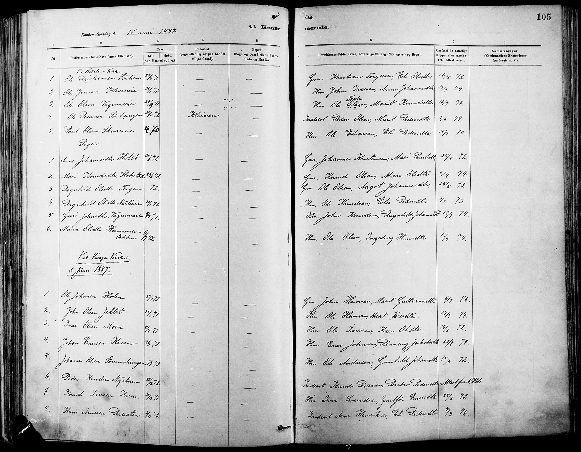 Vågå prestekontor, SAH/PREST-076/H/Ha/Haa/L0009: Parish register (official) no. 9, 1886-1904, p. 105