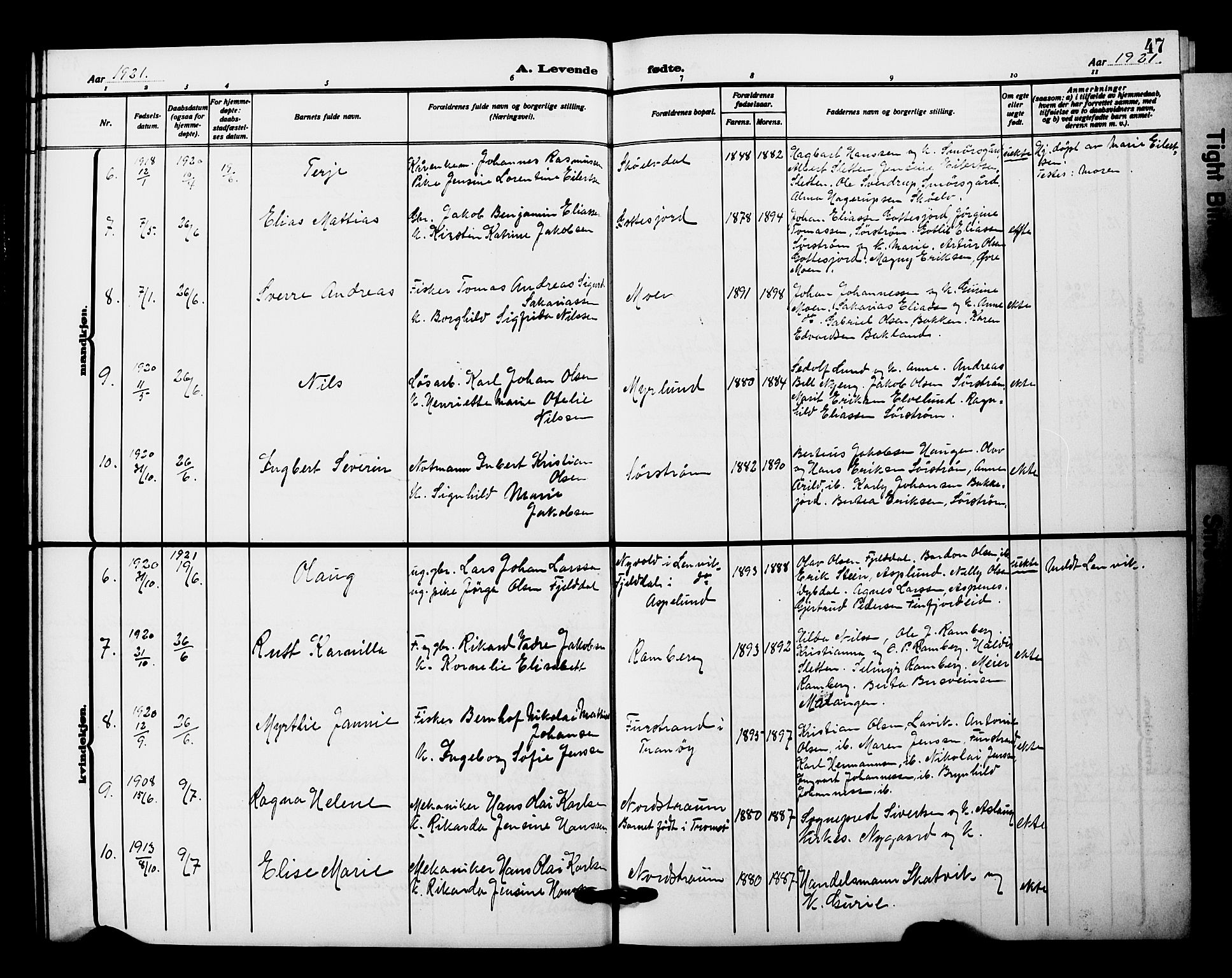 Tranøy sokneprestkontor, AV/SATØ-S-1313/I/Ia/Iab/L0023klokker: Parish register (copy) no. 23, 1913-1928, p. 47