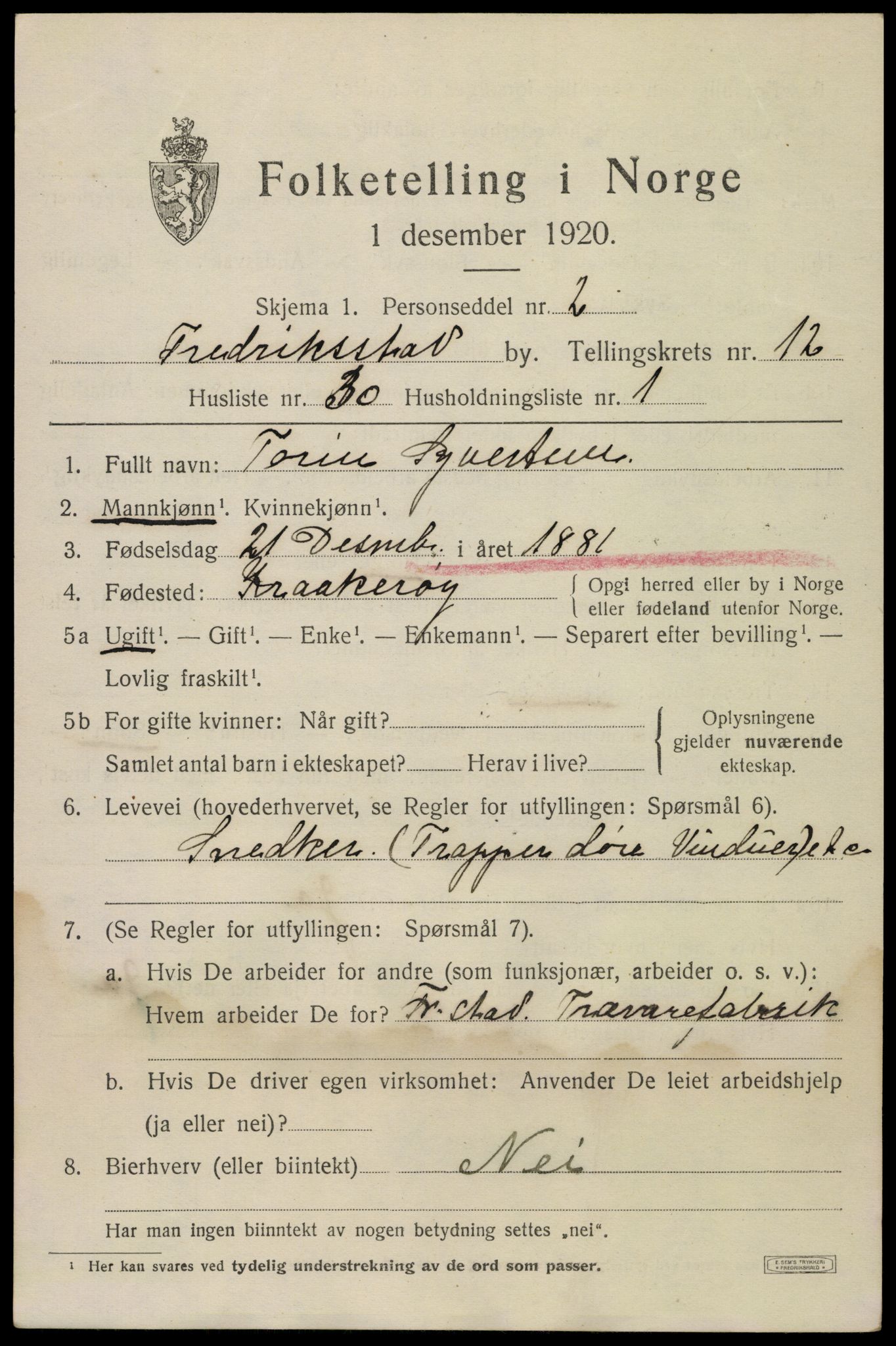 SAO, 1920 census for Fredrikstad, 1920, p. 31053