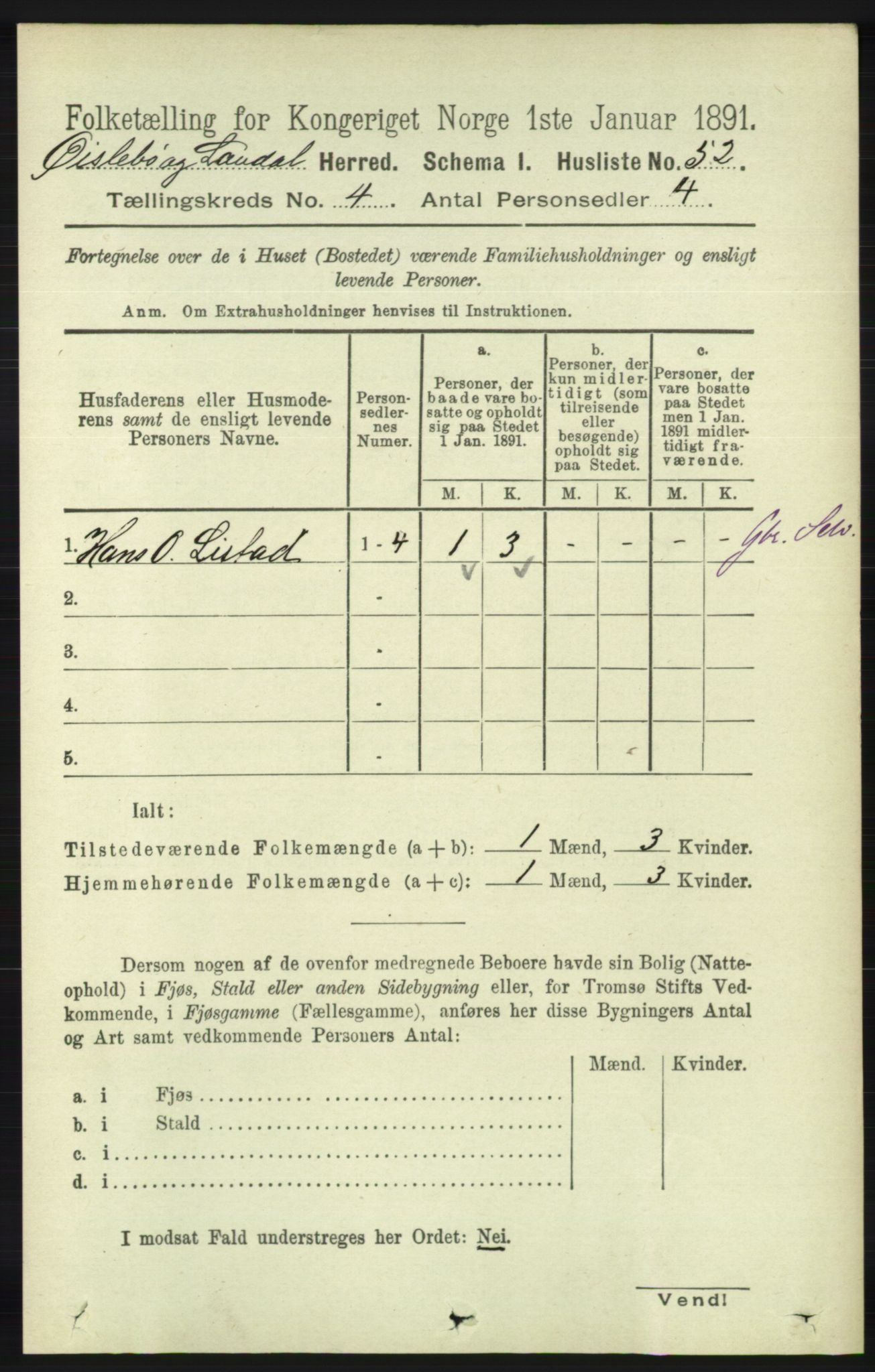 RA, 1891 census for 1021 Øyslebø og Laudal, 1891, p. 1002