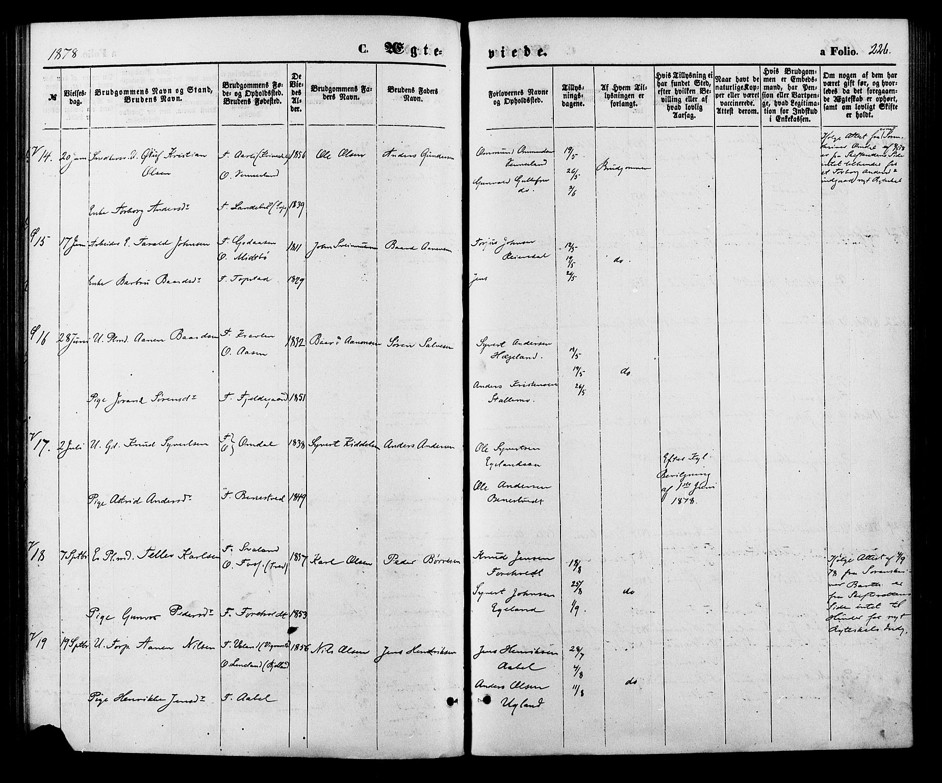 Vennesla sokneprestkontor, SAK/1111-0045/Fa/Fac/L0008: Parish register (official) no. A 8, 1874-1883, p. 226