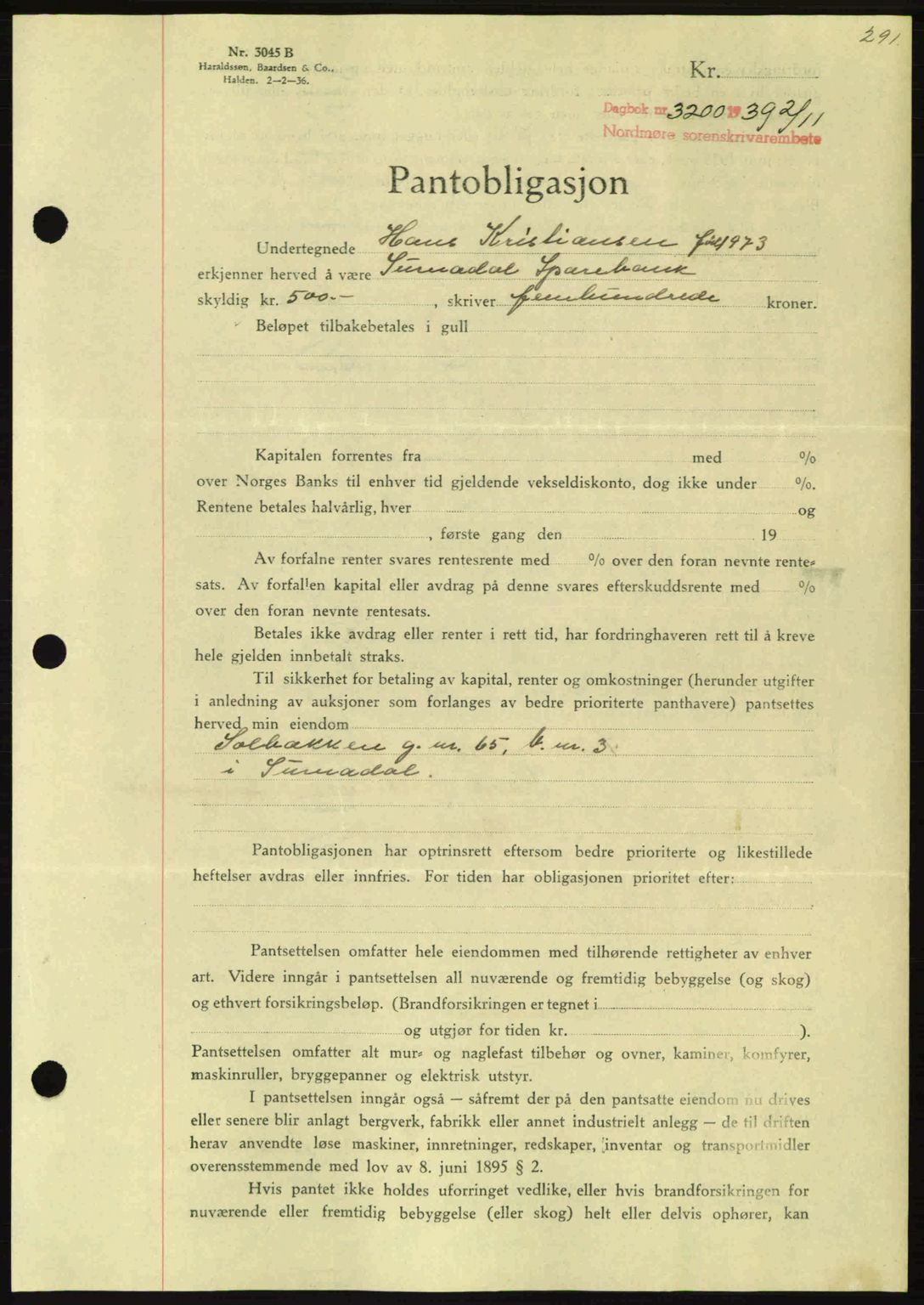 Nordmøre sorenskriveri, AV/SAT-A-4132/1/2/2Ca: Mortgage book no. B86, 1939-1940, Diary no: : 3200/1939