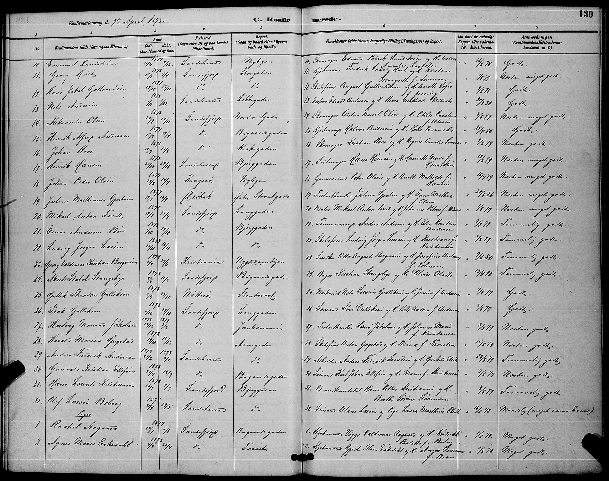 Sandefjord kirkebøker, AV/SAKO-A-315/G/Ga/L0001: Parish register (copy) no. 1, 1885-1903, p. 139
