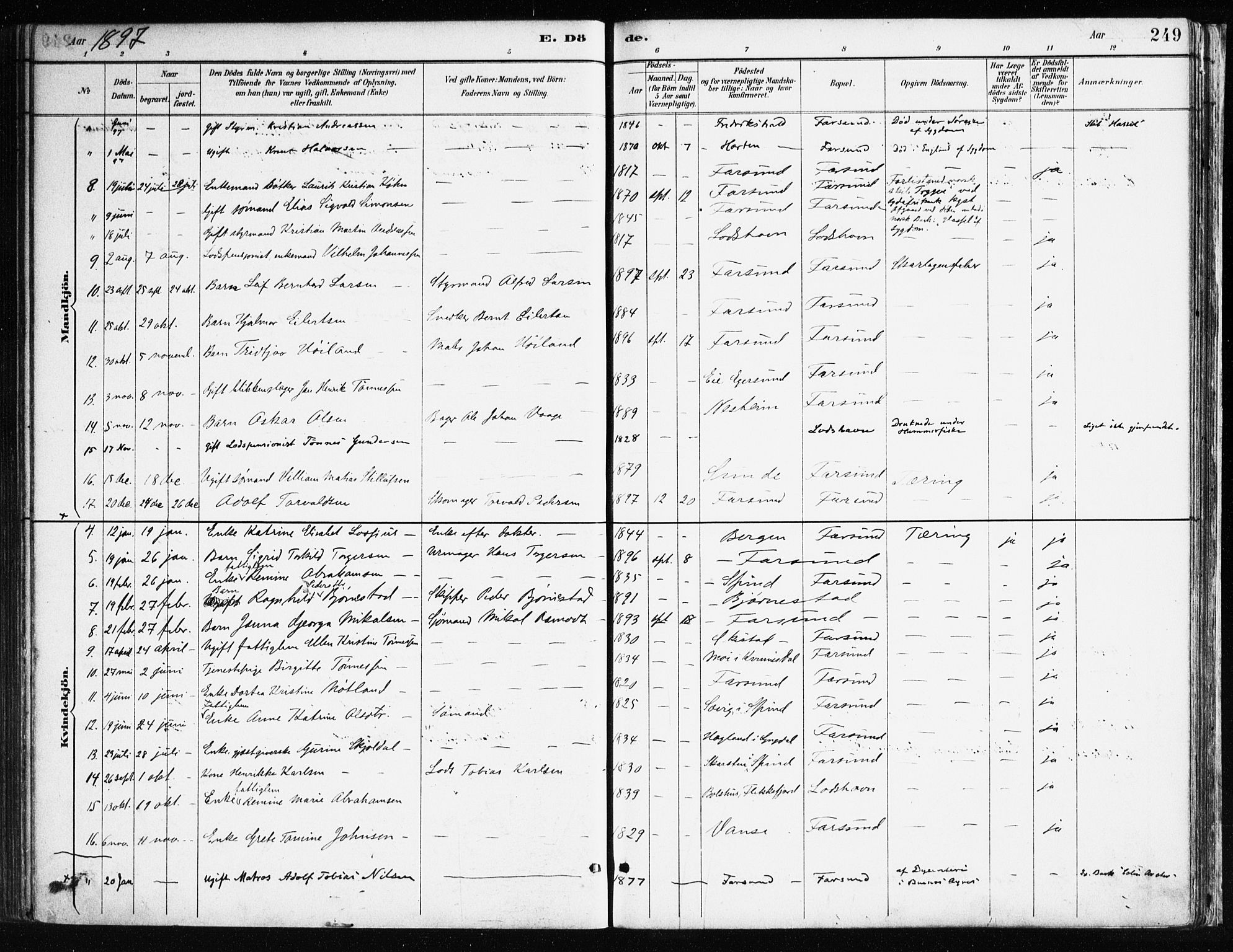 Farsund sokneprestkontor, SAK/1111-0009/F/Fa/L0006: Parish register (official) no. A 6, 1887-1920, p. 249