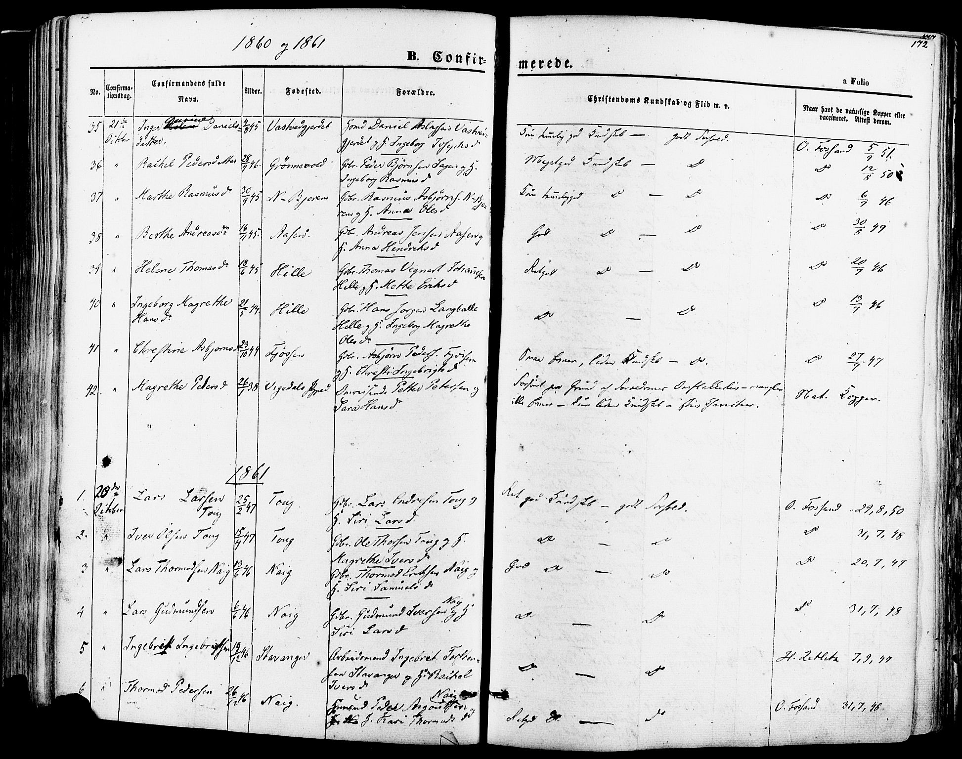 Strand sokneprestkontor, SAST/A-101828/H/Ha/Haa/L0007: Parish register (official) no. A 7, 1855-1881, p. 172