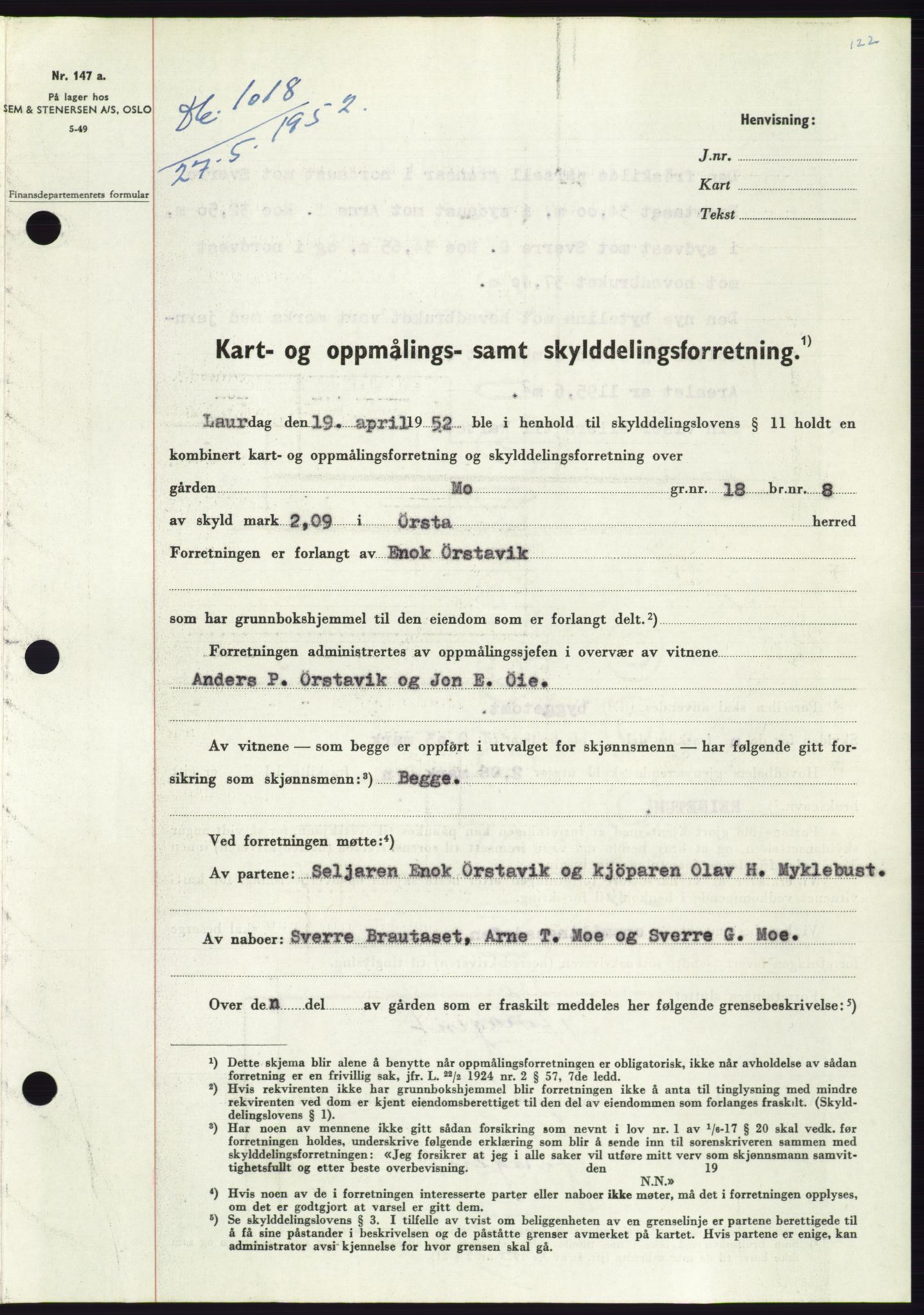 Søre Sunnmøre sorenskriveri, AV/SAT-A-4122/1/2/2C/L0092: Mortgage book no. 18A, 1952-1952, Diary no: : 1018/1952