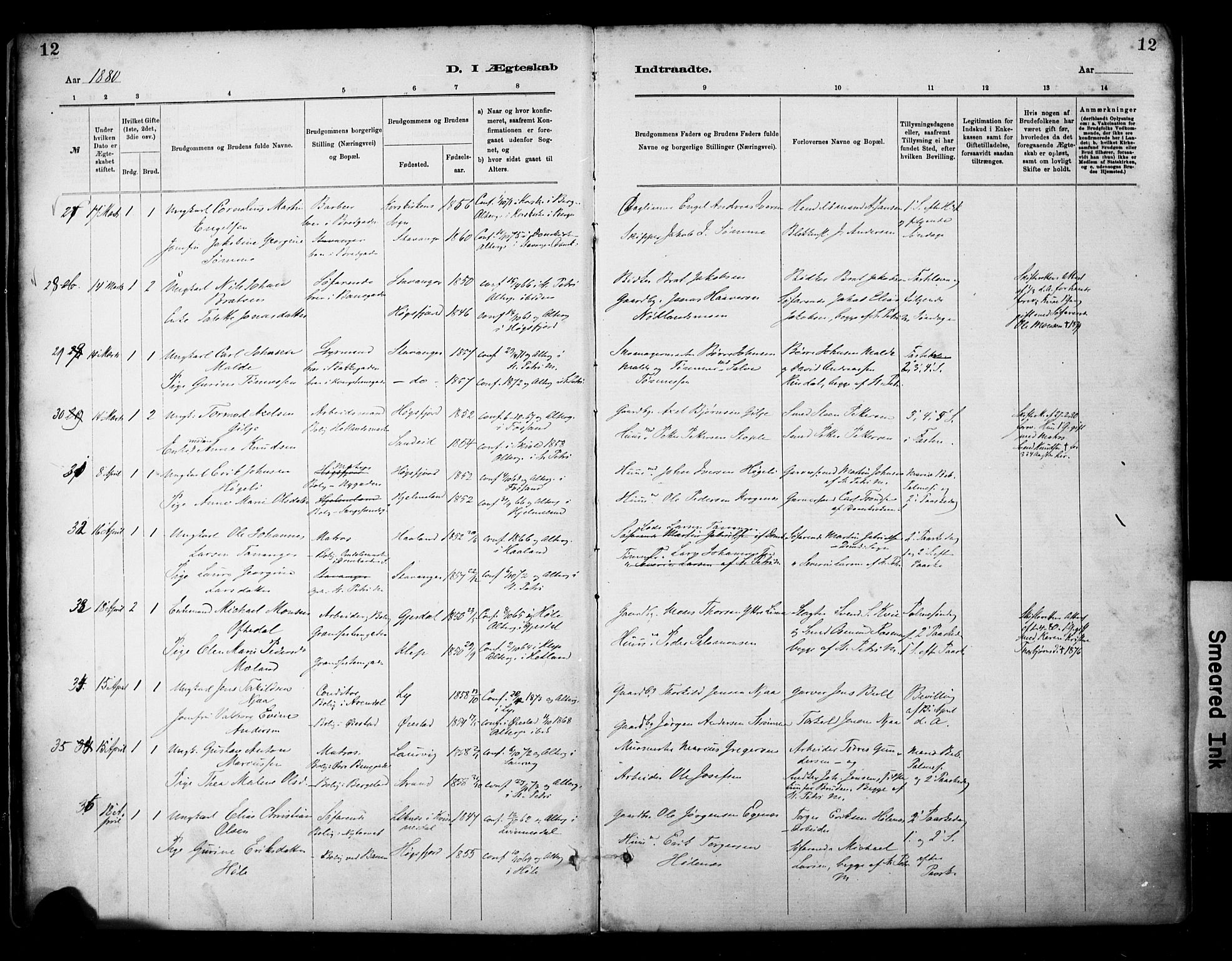 St. Petri sokneprestkontor, SAST/A-101813/001/30/30BA/L0018: Parish register (official) no. A 19, 1879-1900, p. 12