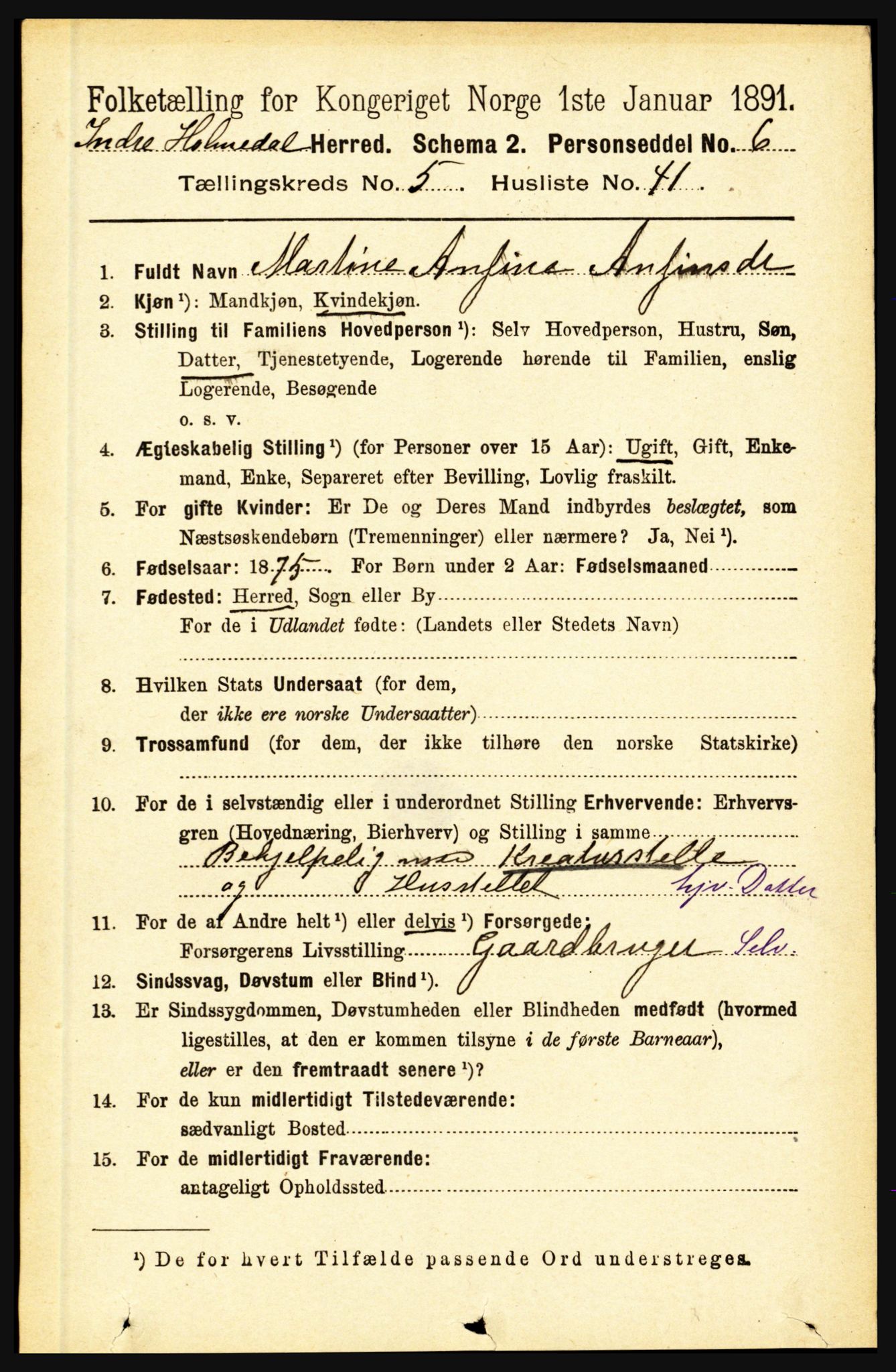 RA, 1891 census for 1430 Indre Holmedal, 1891, p. 2151