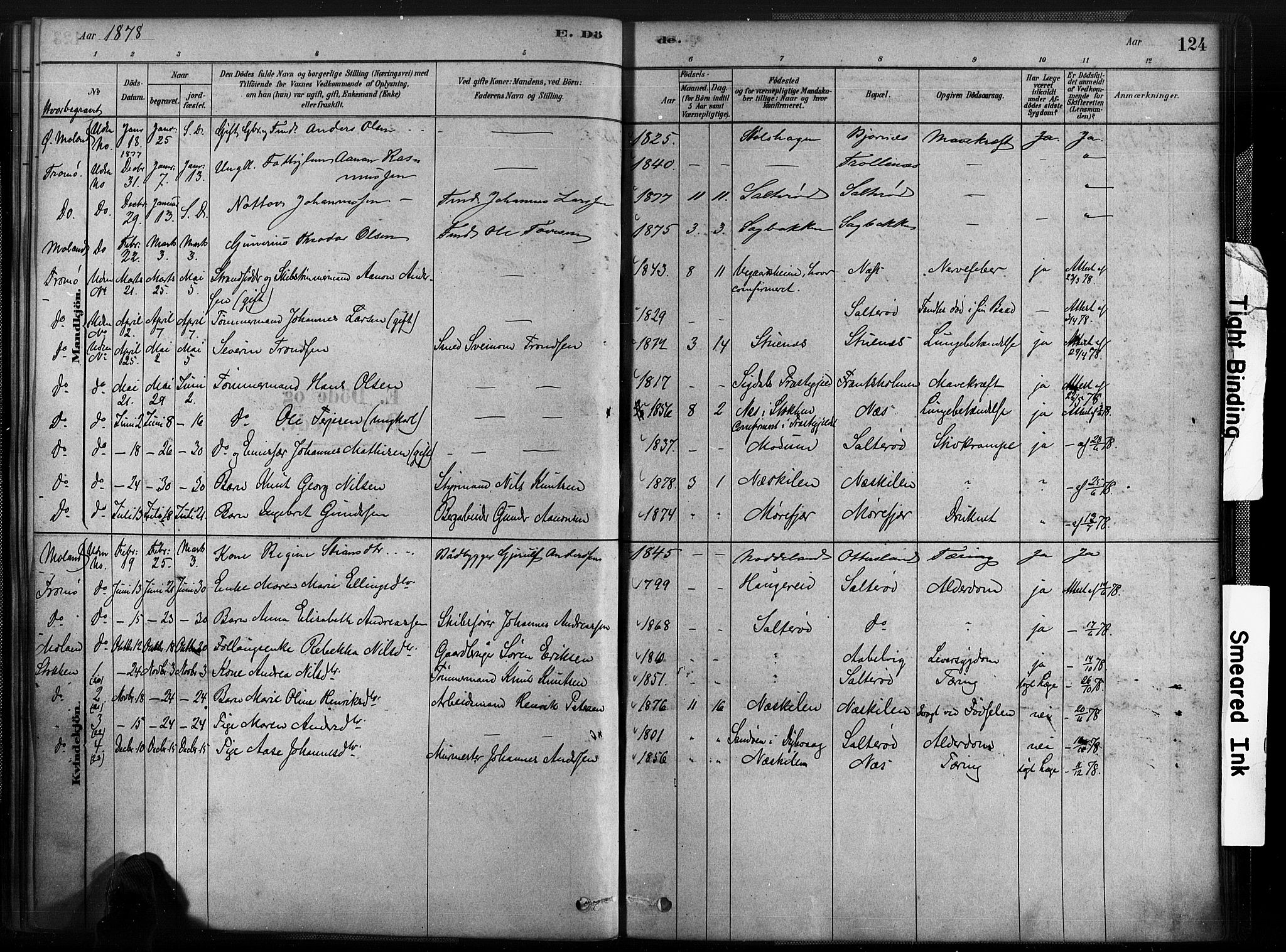 Austre Moland sokneprestkontor, SAK/1111-0001/F/Fa/Fab/L0001: Parish register (official) no. A 1, 1878-1898, p. 124