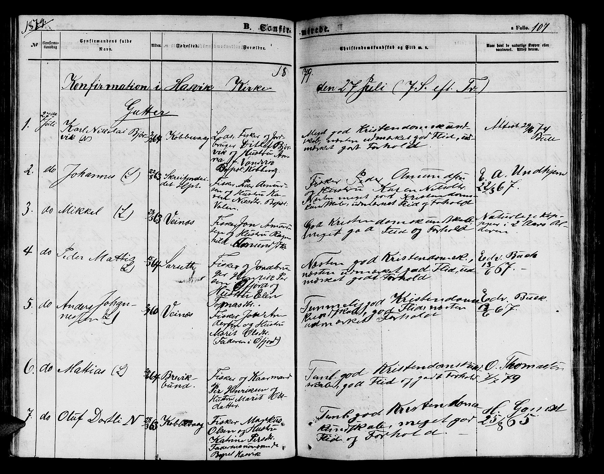 Loppa sokneprestkontor, AV/SATØ-S-1339/H/Hb/L0003klokker: Parish register (copy) no. 3, 1853-1880, p. 107