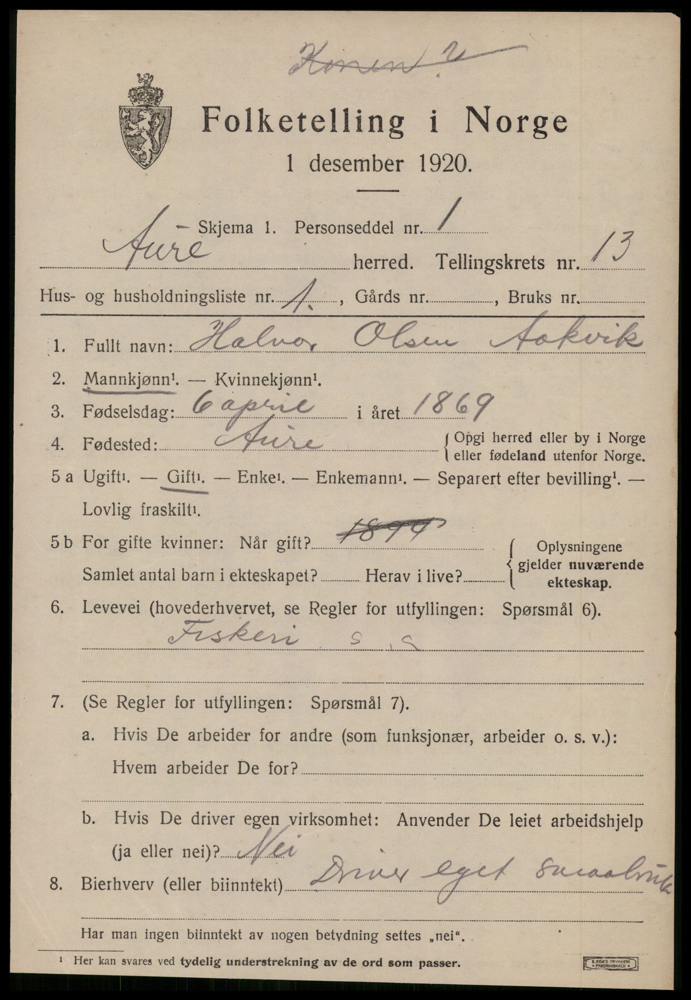 SAT, 1920 census for Aure, 1920, p. 4938