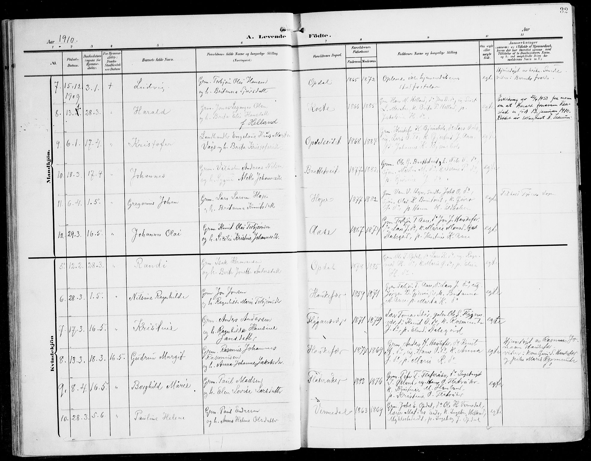 Tysnes sokneprestembete, SAB/A-78601/H/Haa: Parish register (official) no. D 2, 1905-1922, p. 32