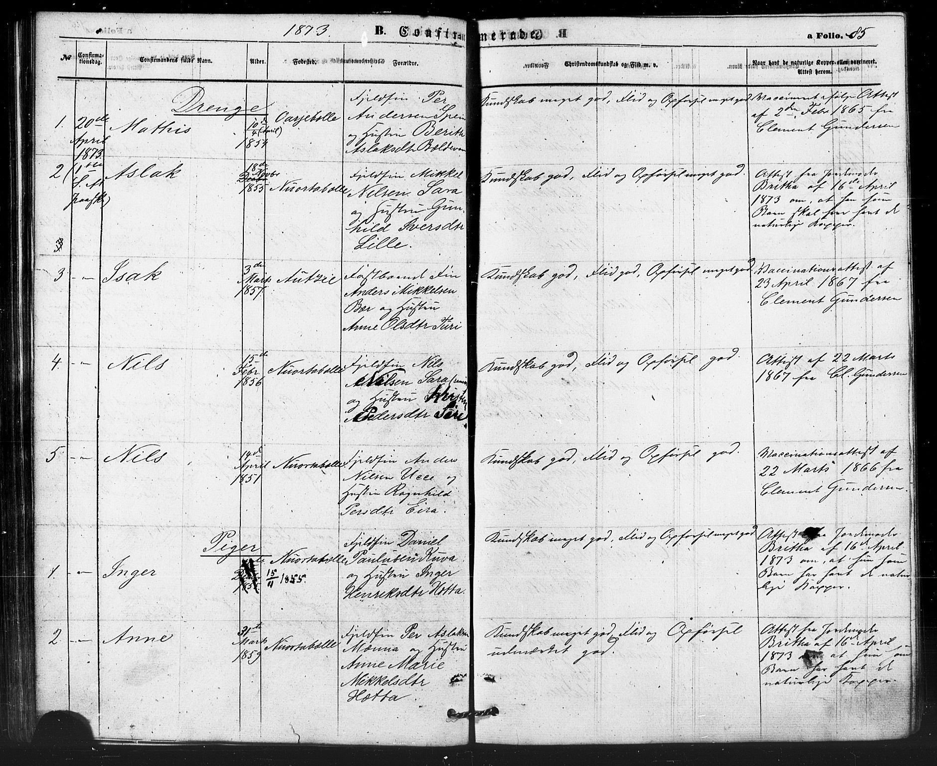 Kautokeino sokneprestembete, SATØ/S-1340/H/Ha/L0003.kirke: Parish register (official) no. 3, 1862-1879, p. 85